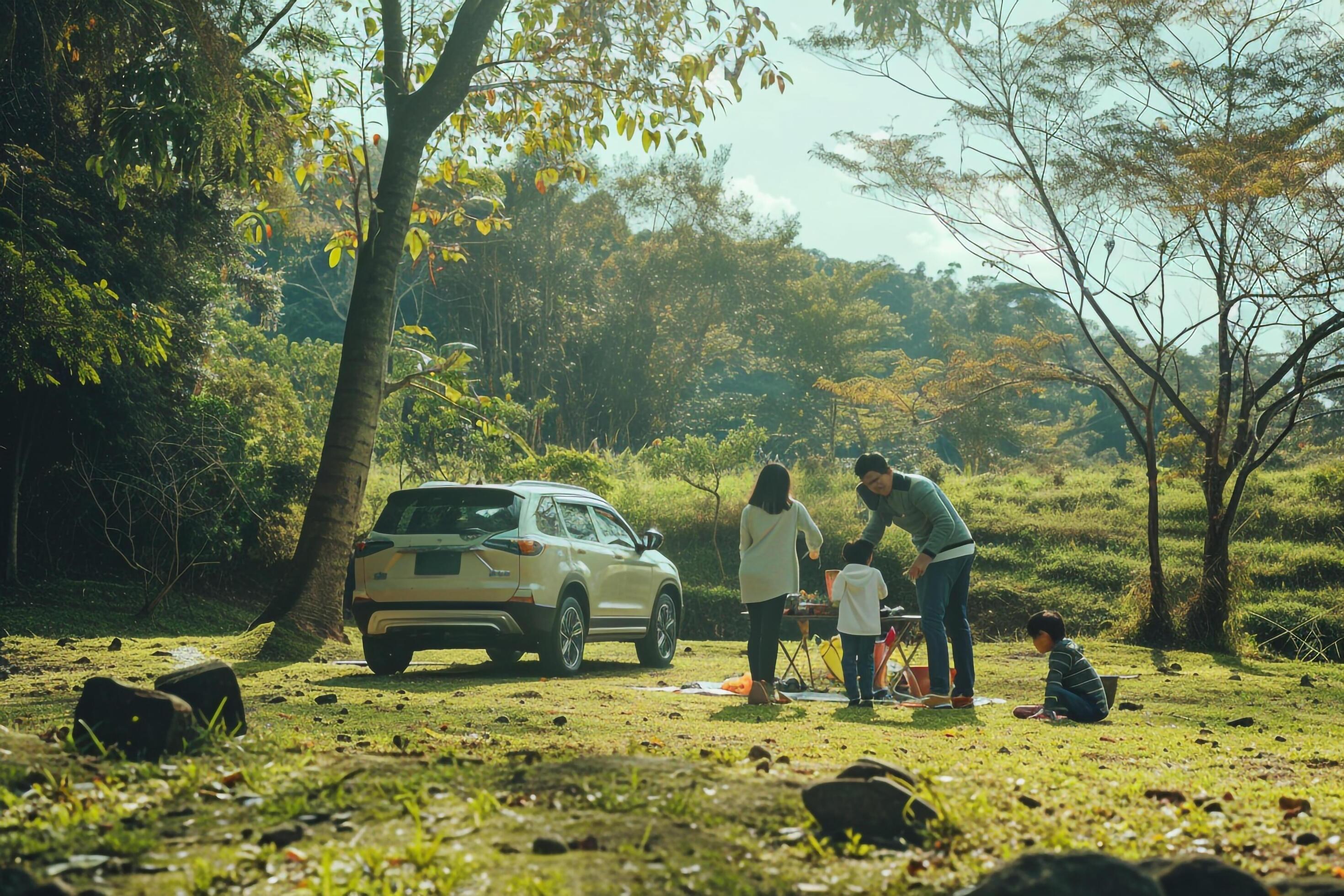 a family standing in the grass near a car with background Stock Free