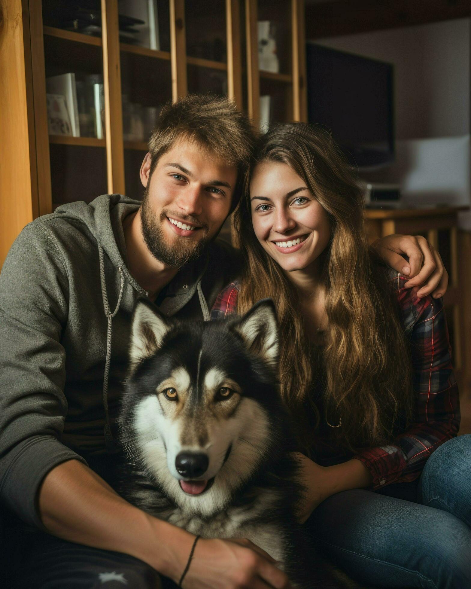 A family posing happily inside the house with their dog. Generative AI Stock Free