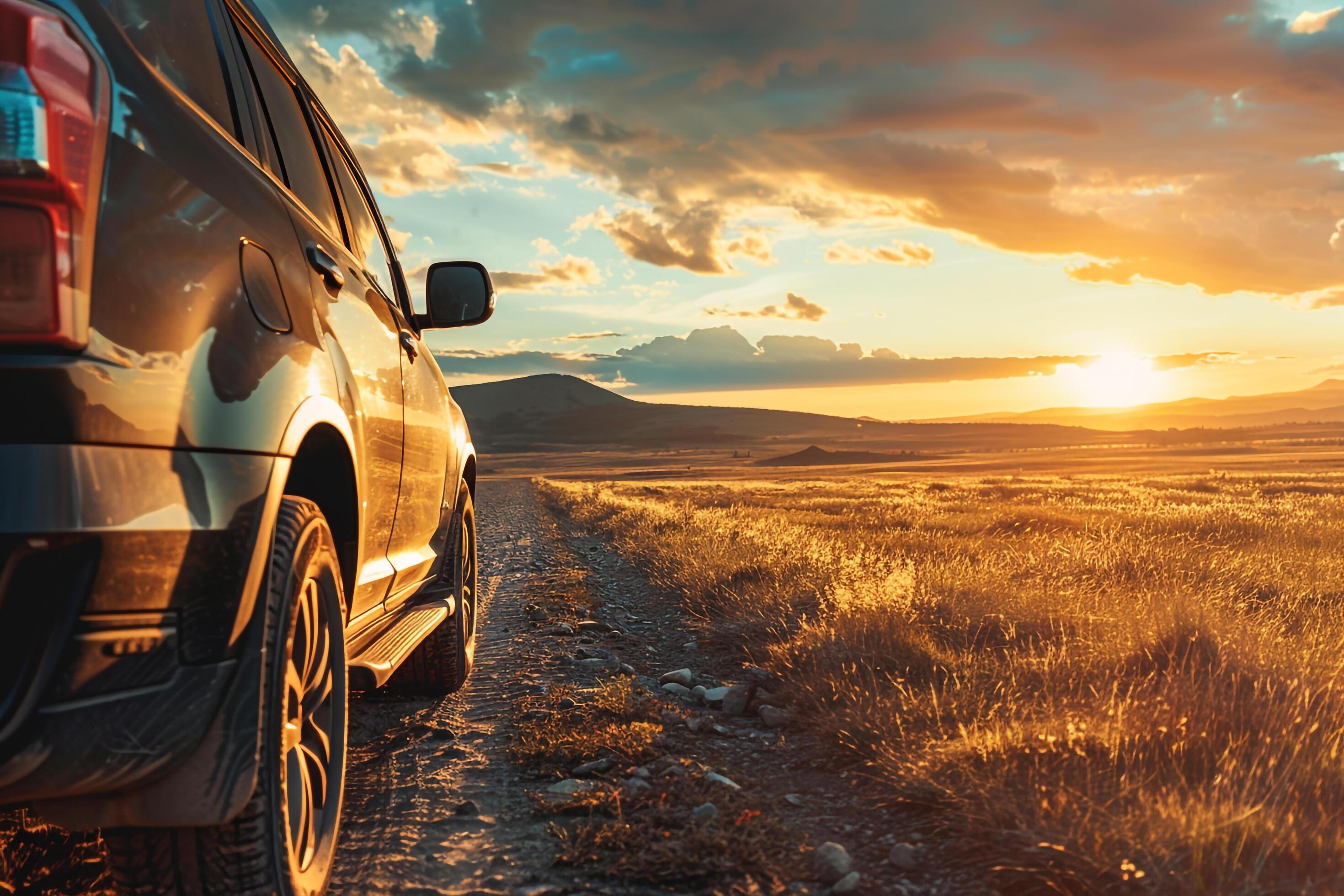 Family SUV on a scenic road trip. natural background. Nature Stock Free