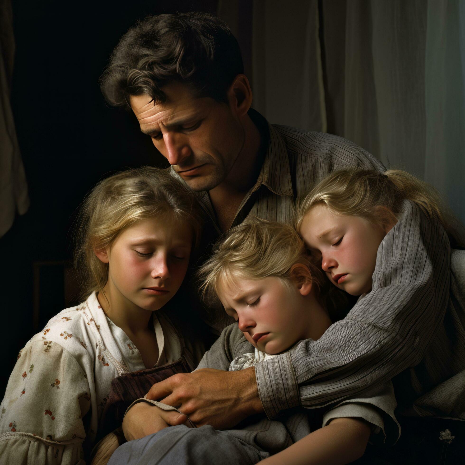 Sad Family Depressed Father and Three Daughters Stock Free