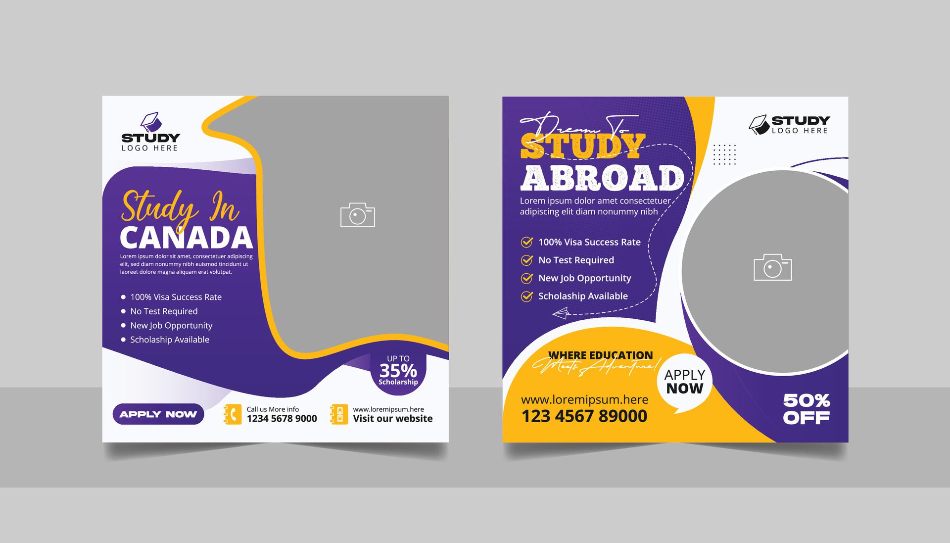 Study abroad social media post set, Higher education online square flyer school admission web banner template Free Vector