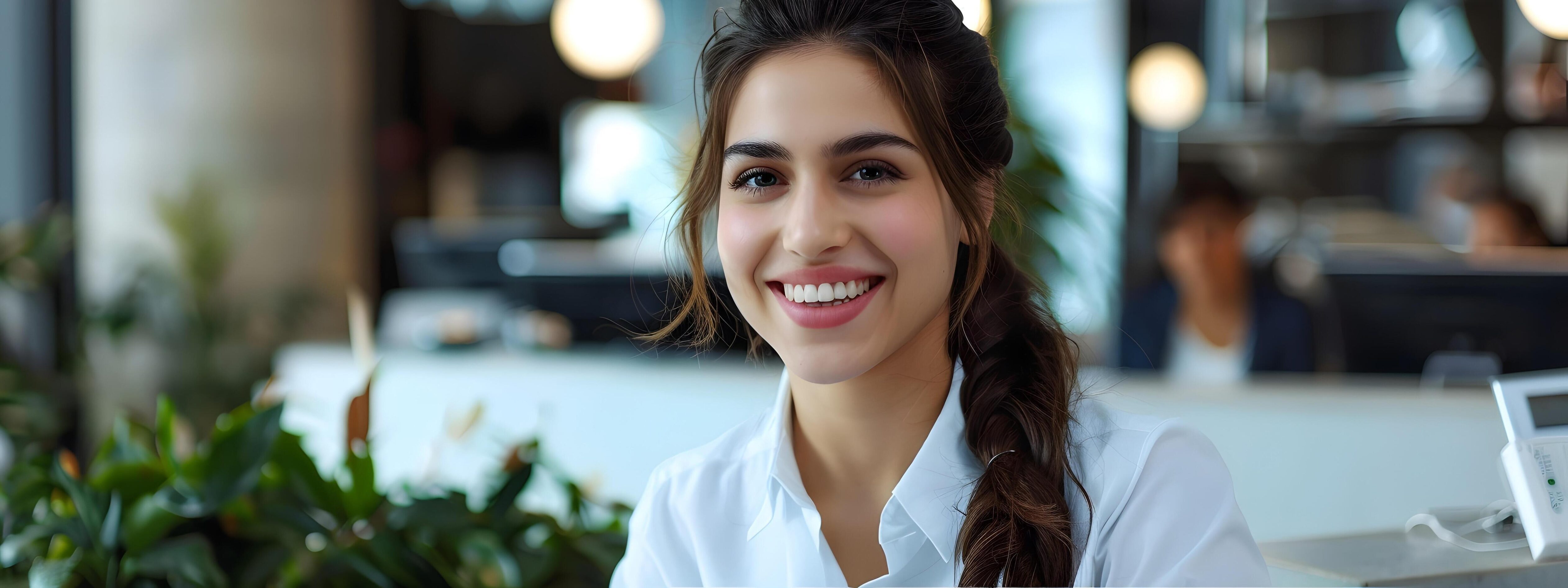 Confident Young Woman Smiling at in Professional Office Environment Stock Free