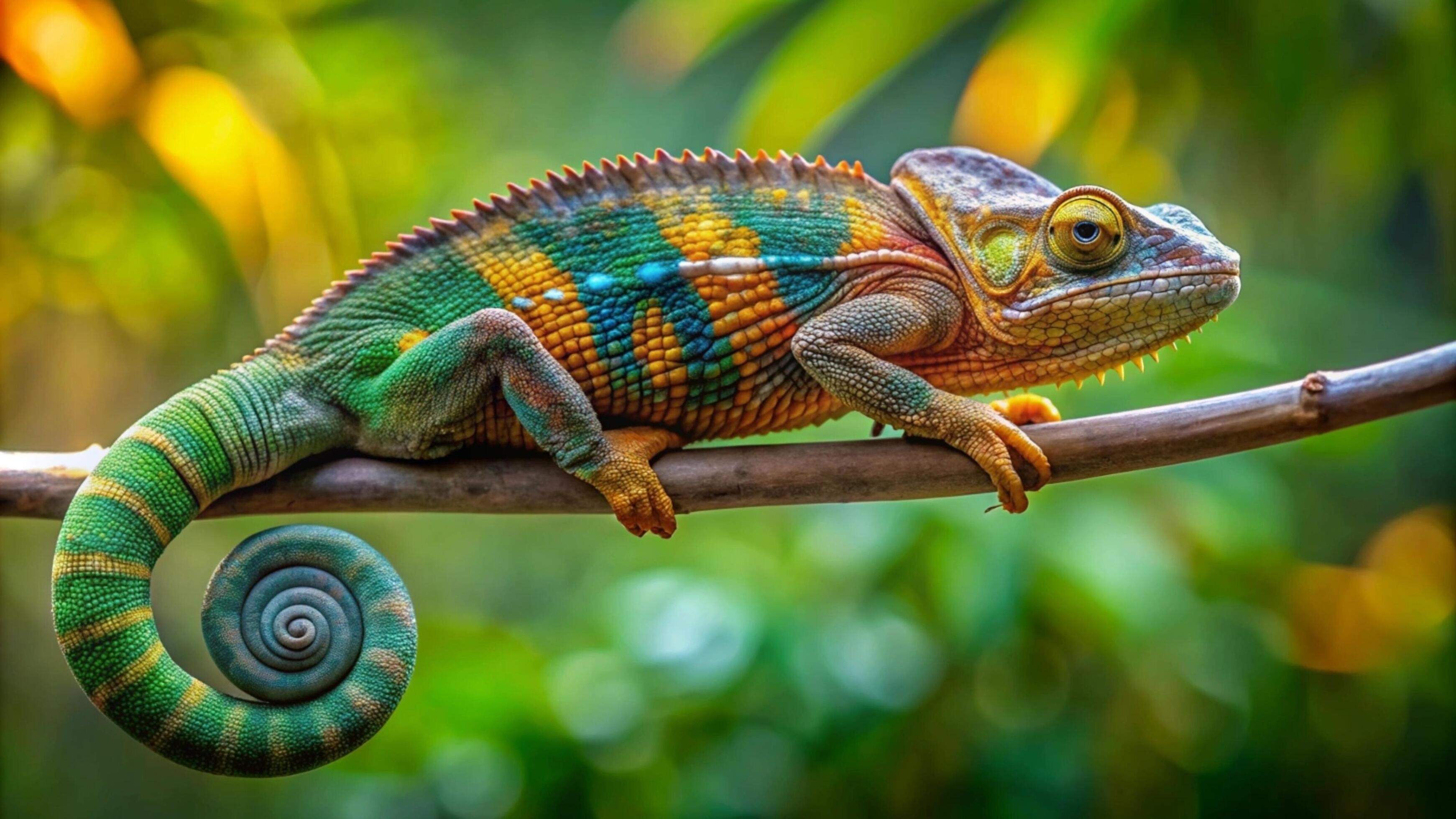 A vibrant chameleon camouflaging against a lush green forest background. Stock Free