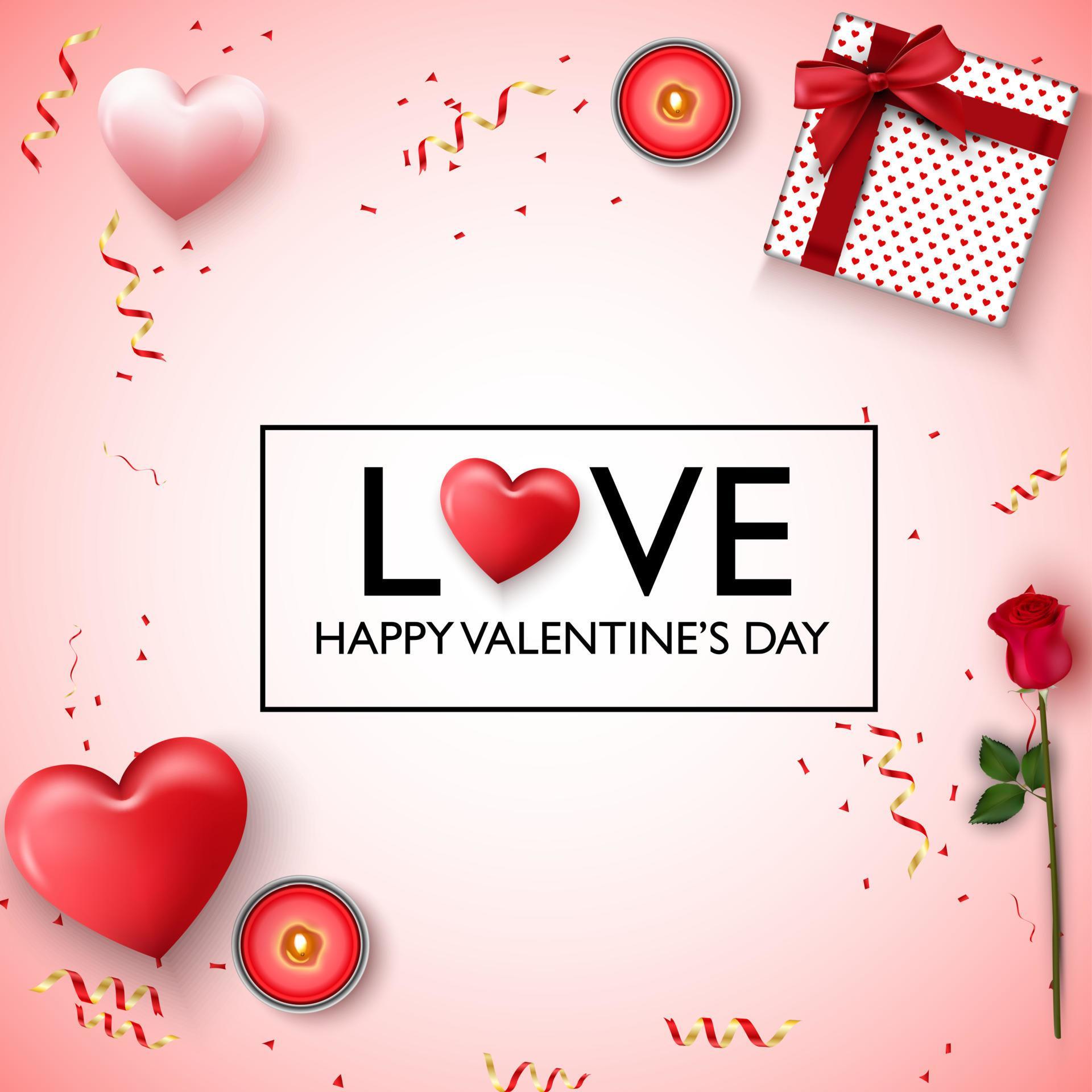 Happy valentines day background. Red pink hearts, candles, rose flower, present, red gold confetti and ribbon Stock Free