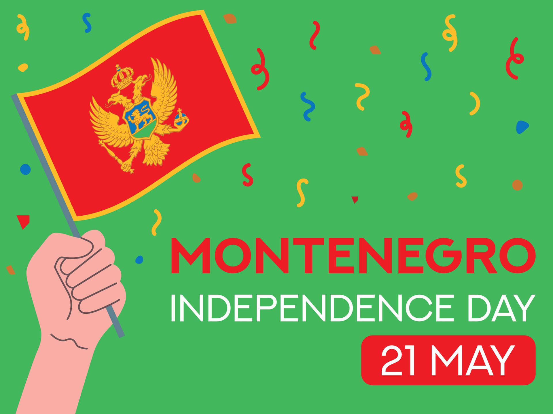 Montenegro independence day 21 may. Montenegro flag in hand. Greeting card, poster, banner template Free Vector