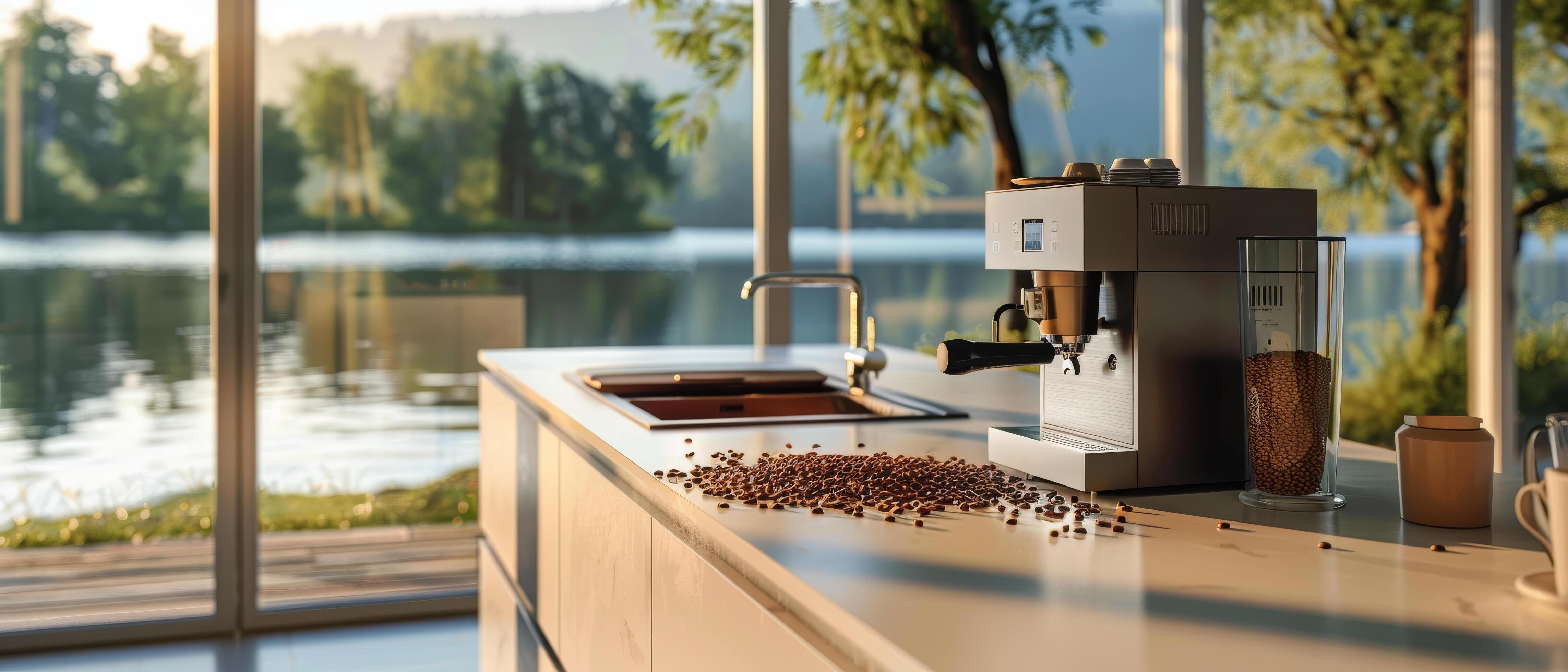 Coffee Machine Making Espresso On Kitchen Counter Near Window Stock Free