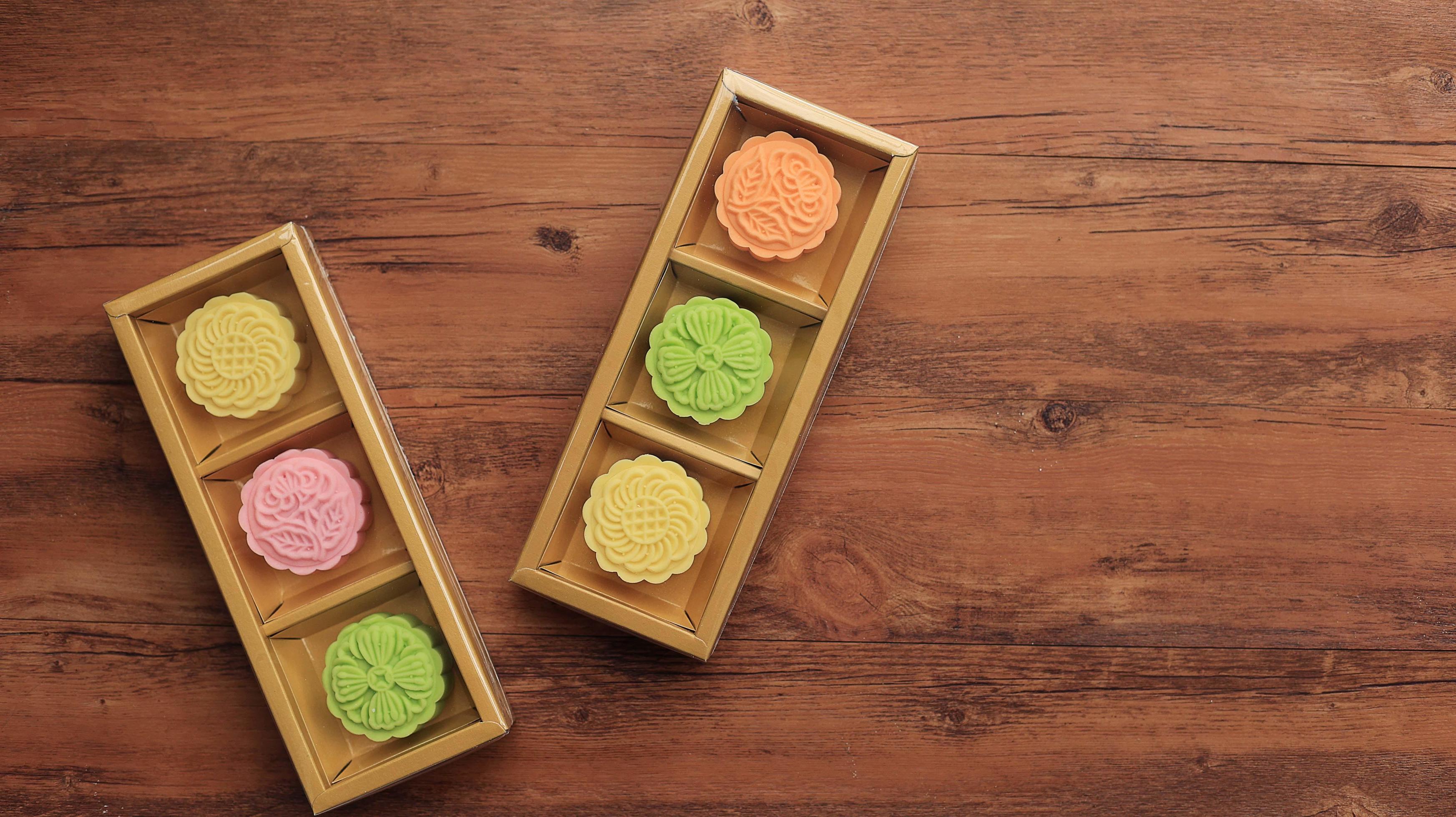 Packaging of Colorful Snowskin Moon Cake Gift for Family on Mid Autumn Festival. Stock Free