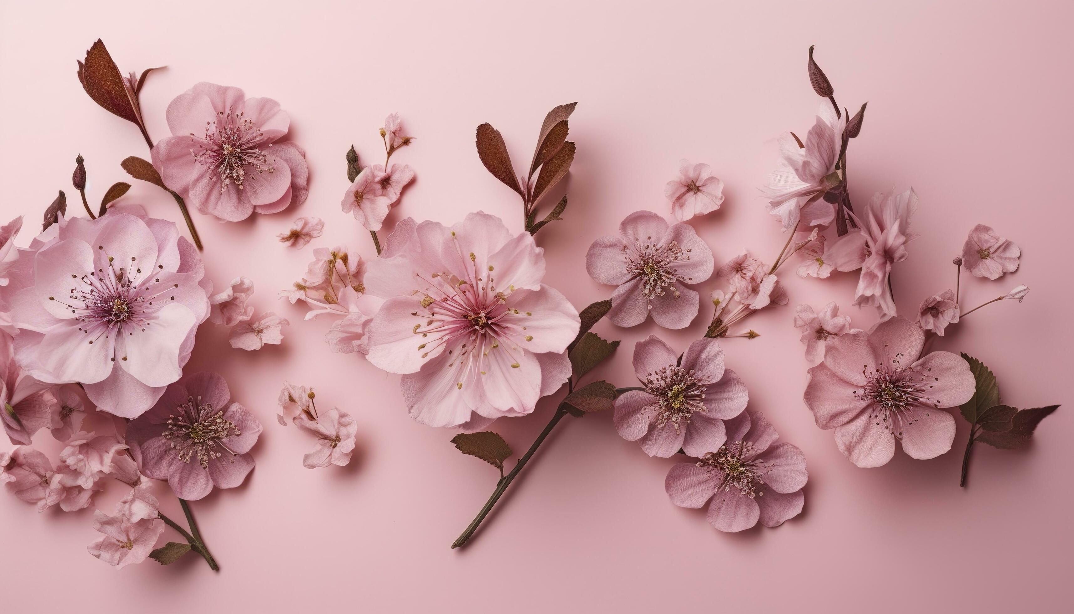 pink flowers composition over pastel background, generate ai Stock Free