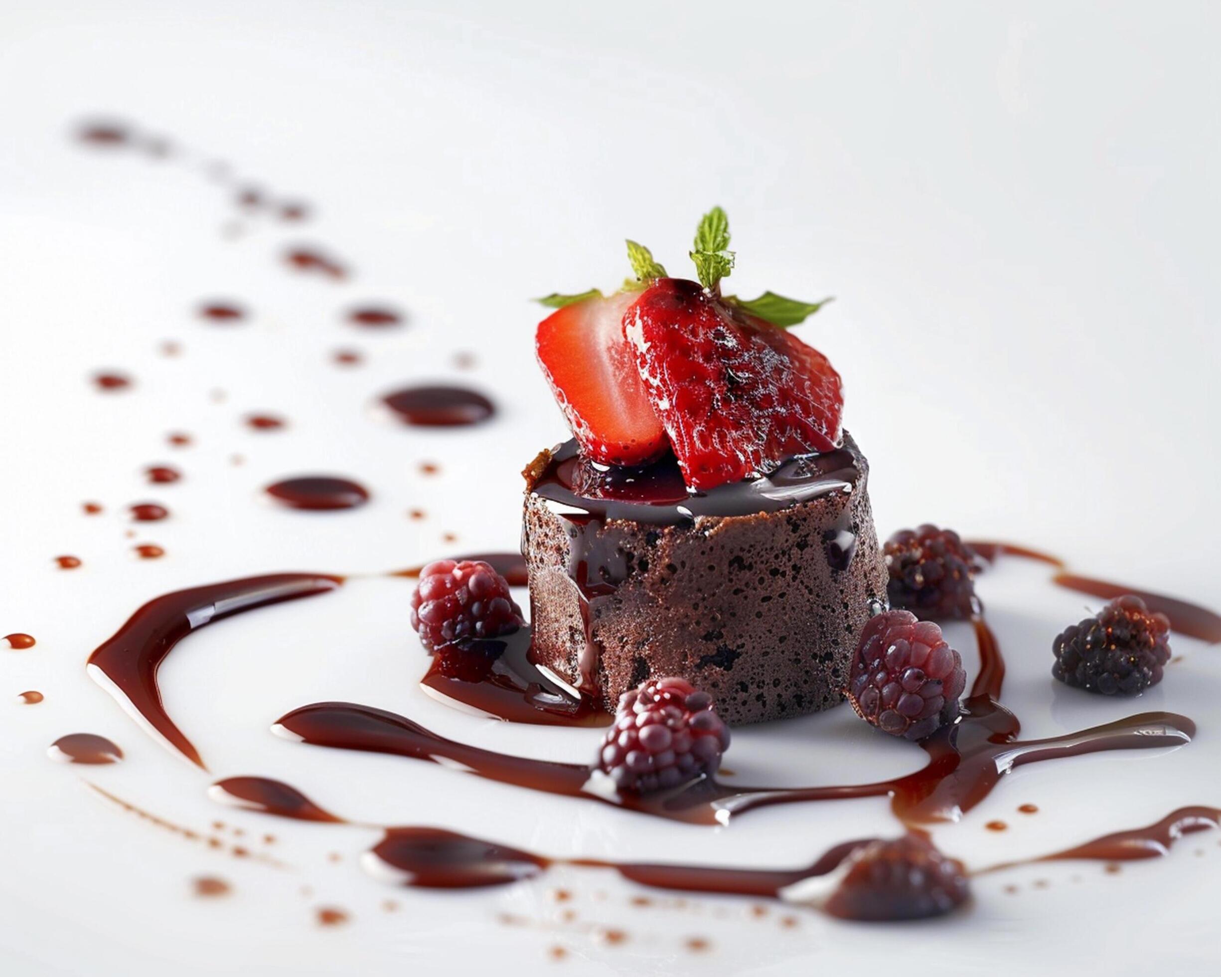 a chocolate dessert with berries and chocolate sauce Stock Free