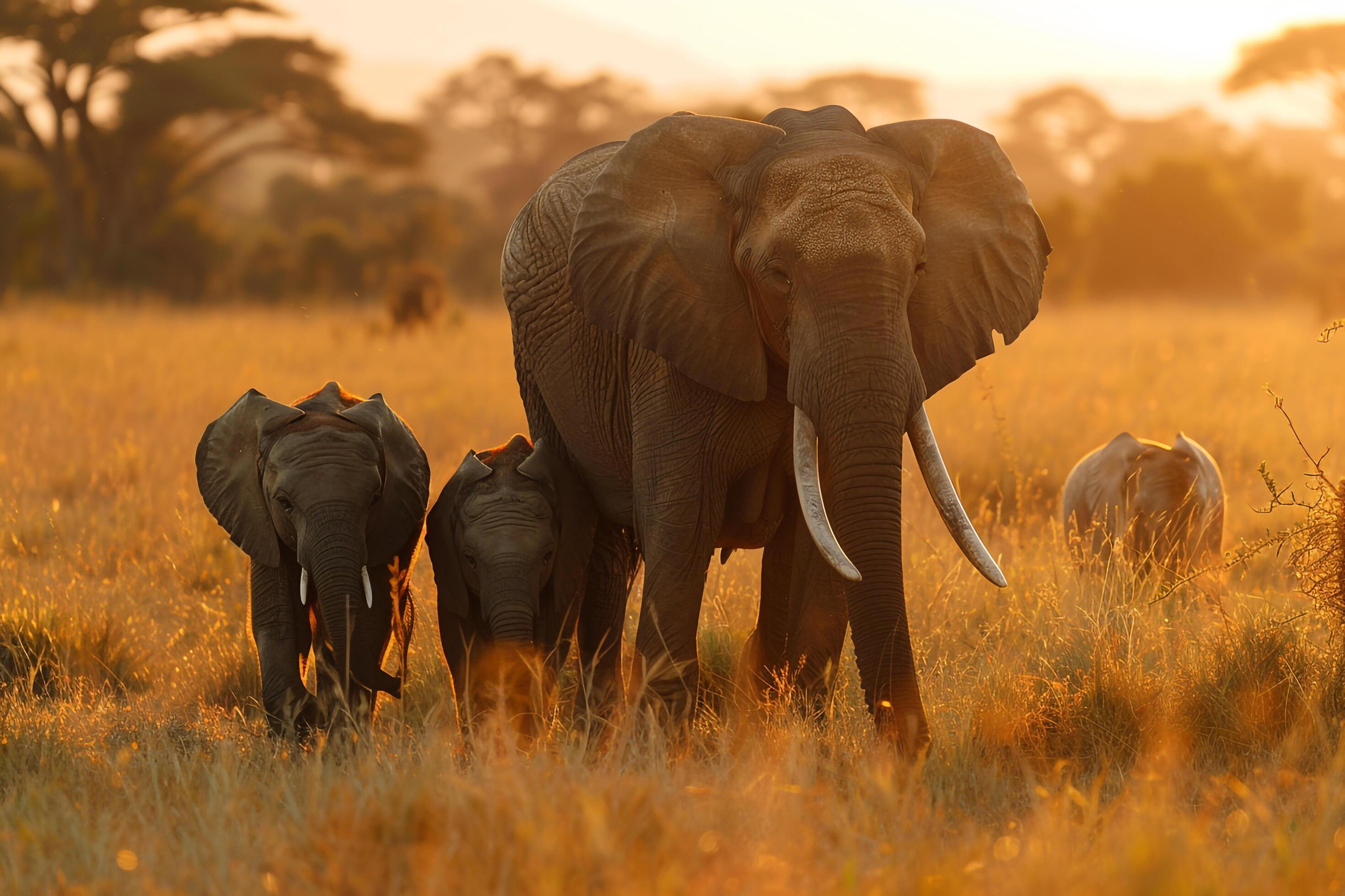 Elephant family walking through the savanna. Nature. Background Stock Free