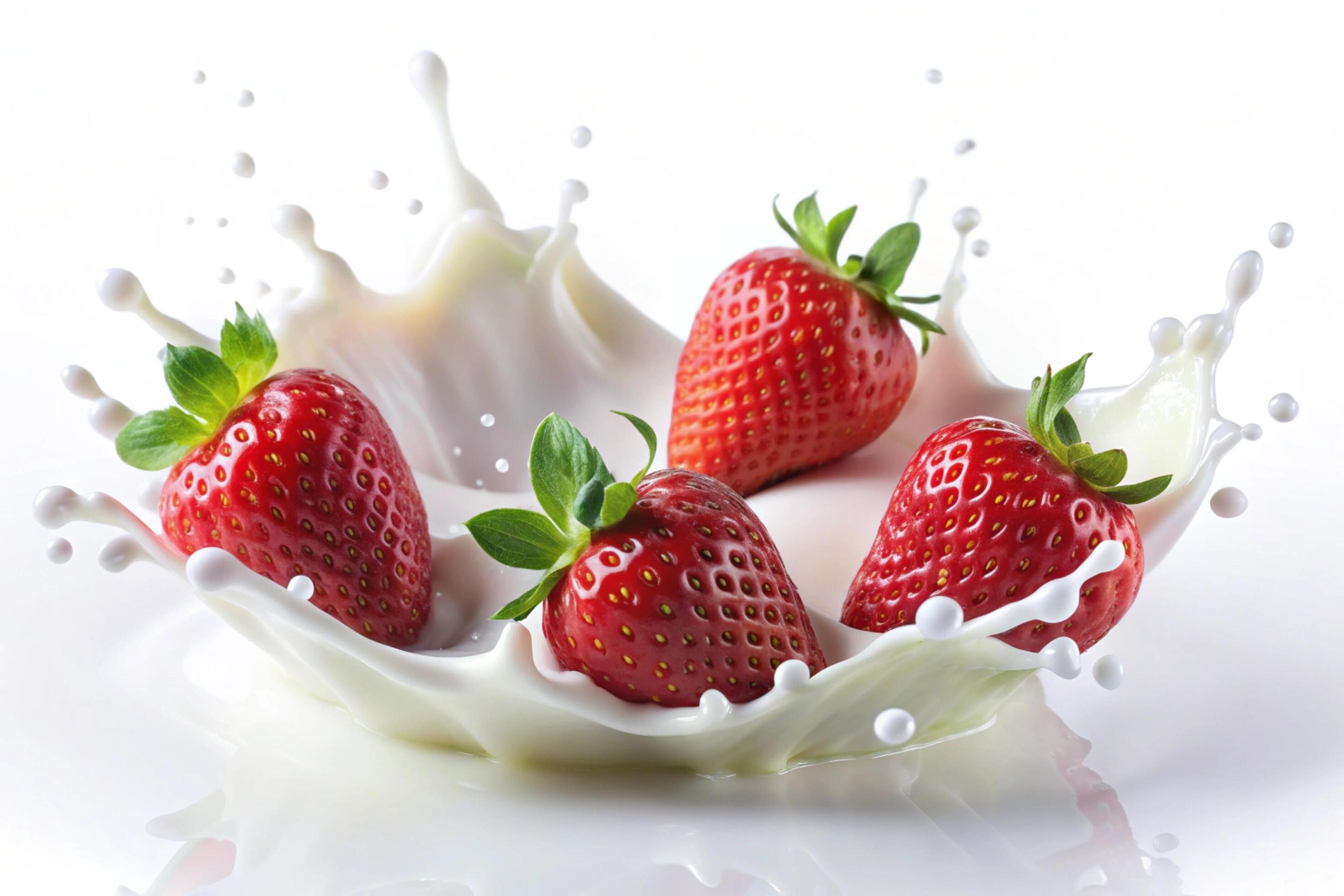 Milk splashes with strawberry on white background Stock Free