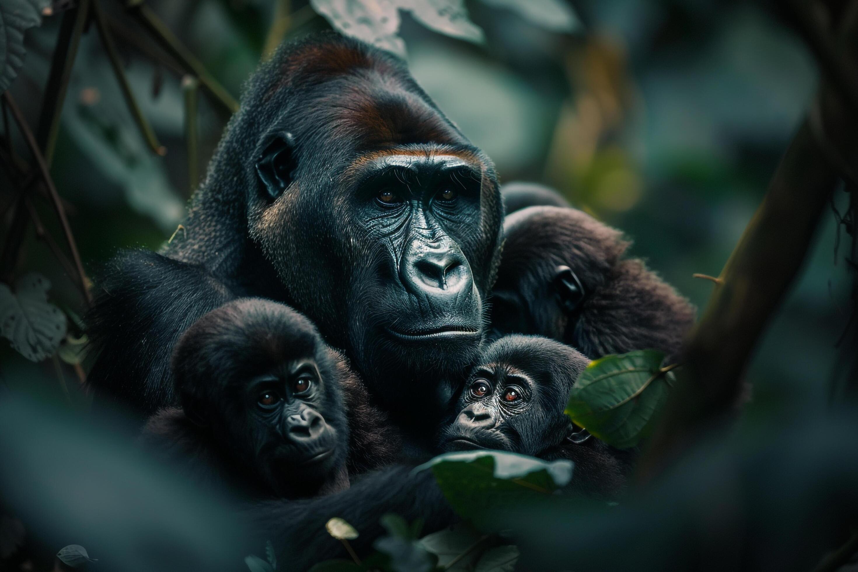 a gorilla family in the forest background Stock Free