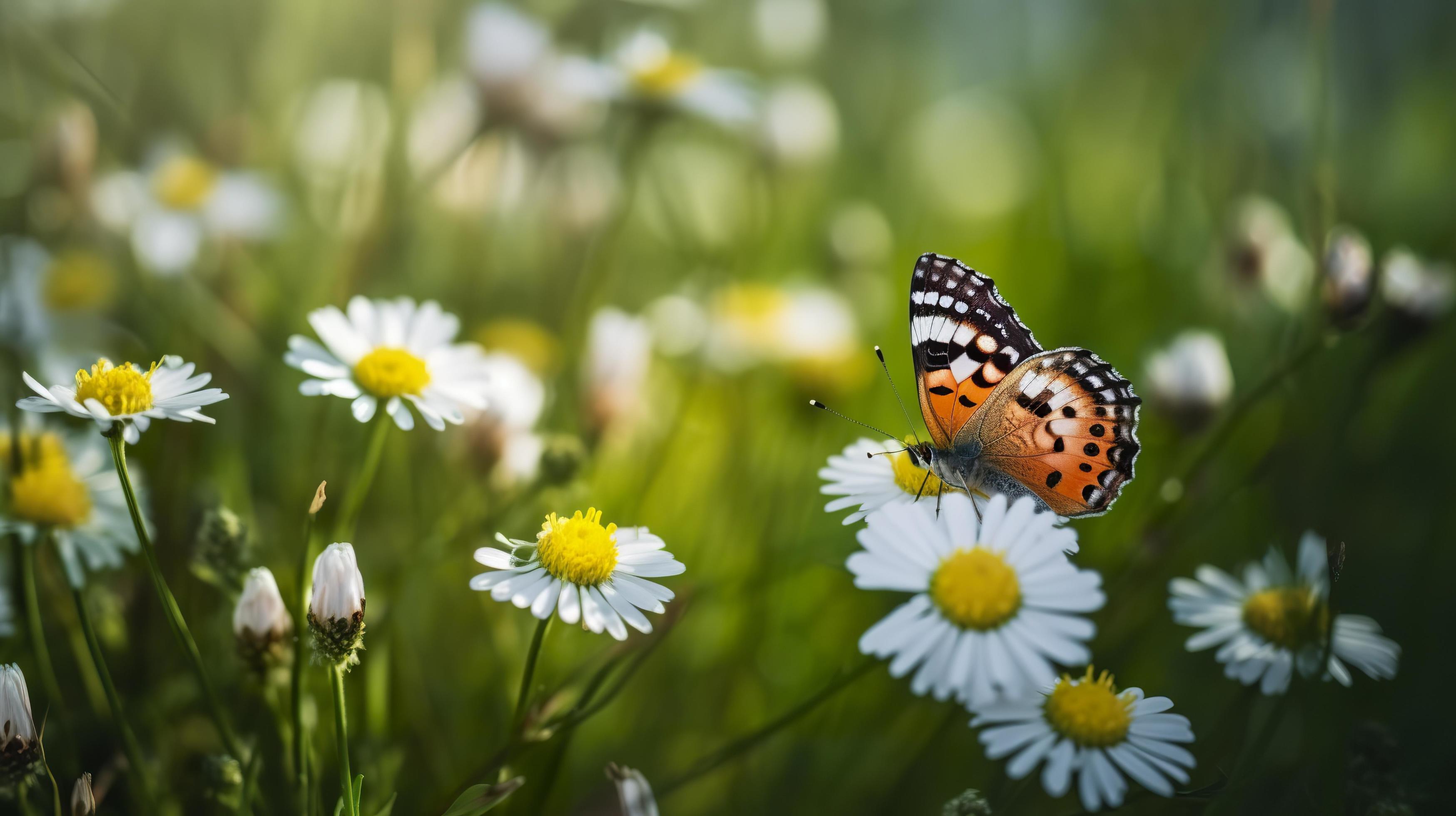 Photo the yellow orange butterfly is on the white pink flowers in the green grass fields, generat ai Stock Free