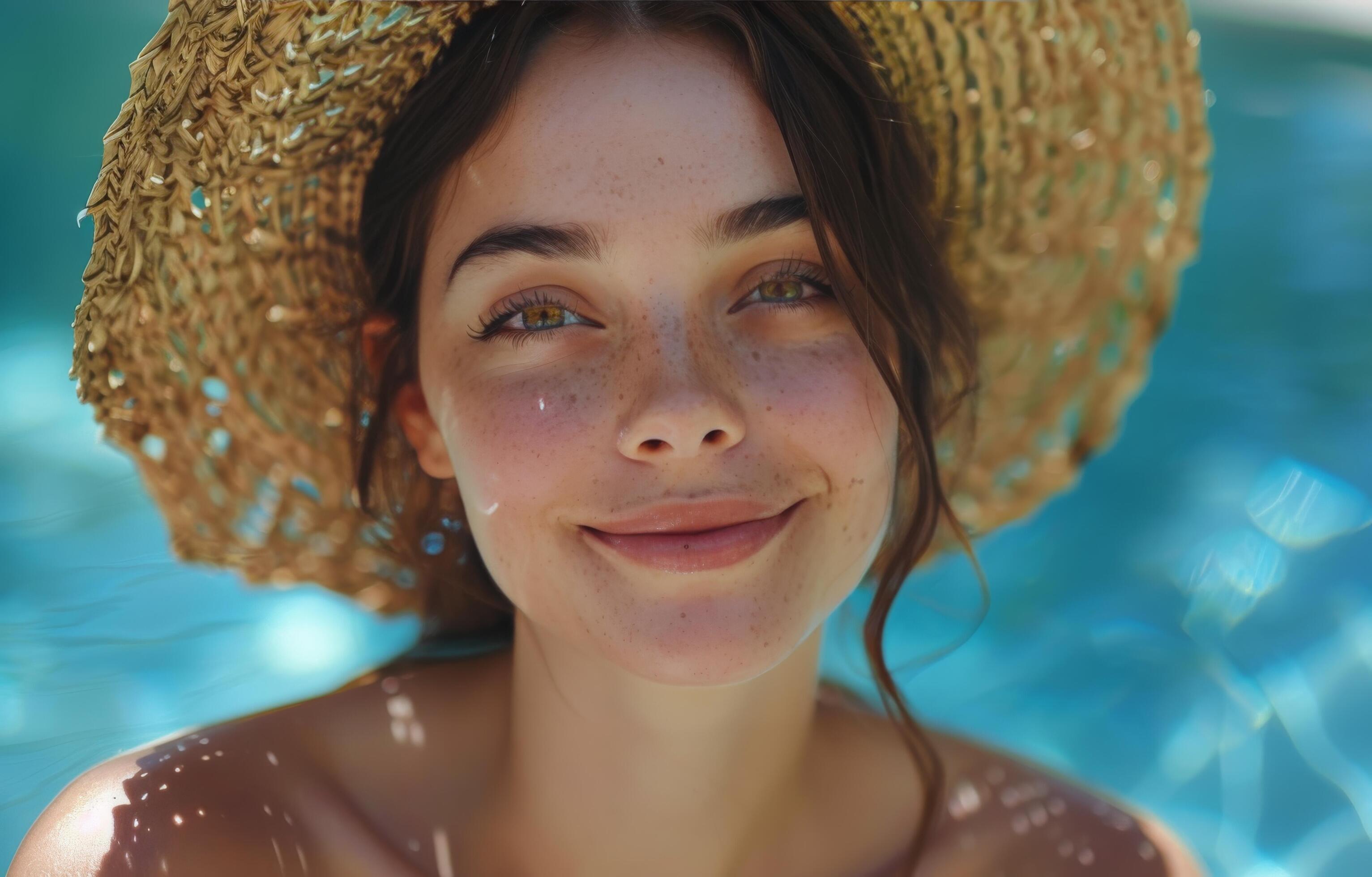 Young Woman With Straw Hat Smiling by Pool on Sunny Day Stock Free