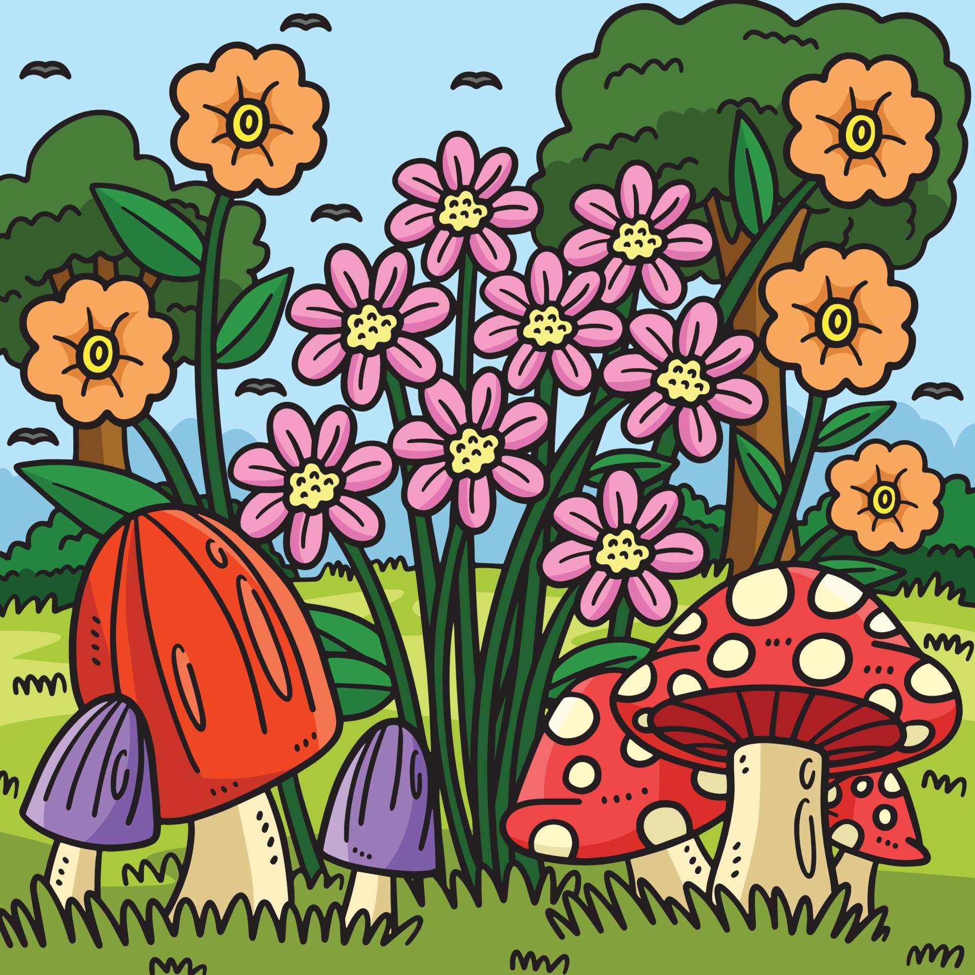 Spring Mushroom Flowers Colored Illustration Stock Free