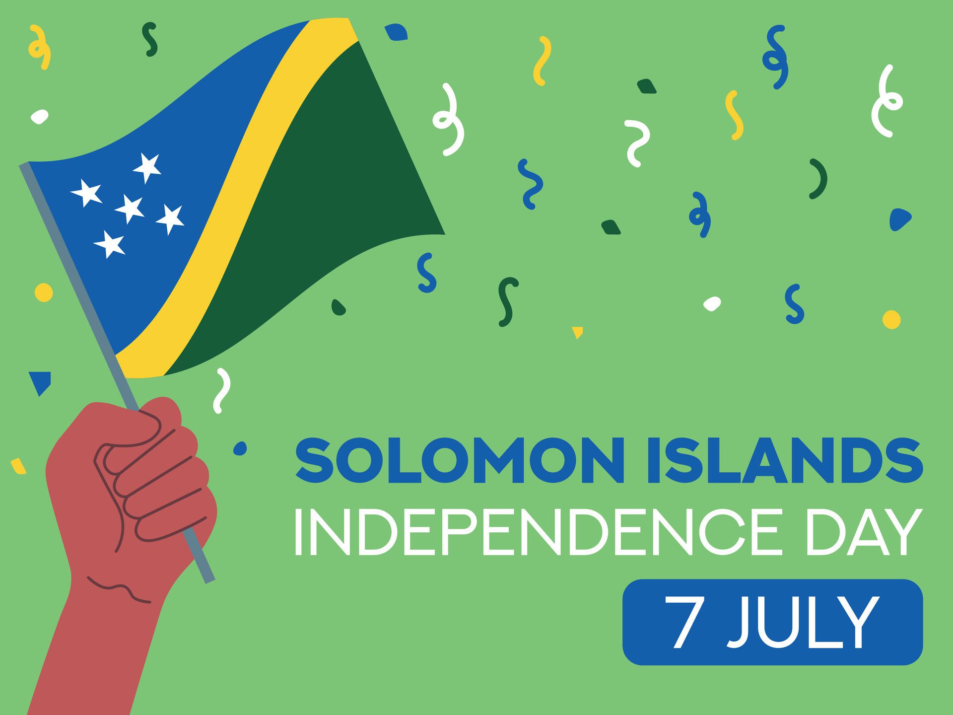 solomon islands independence day 7 July. solomon islands flag in hand. Greeting card, poster, banner template Free Vector