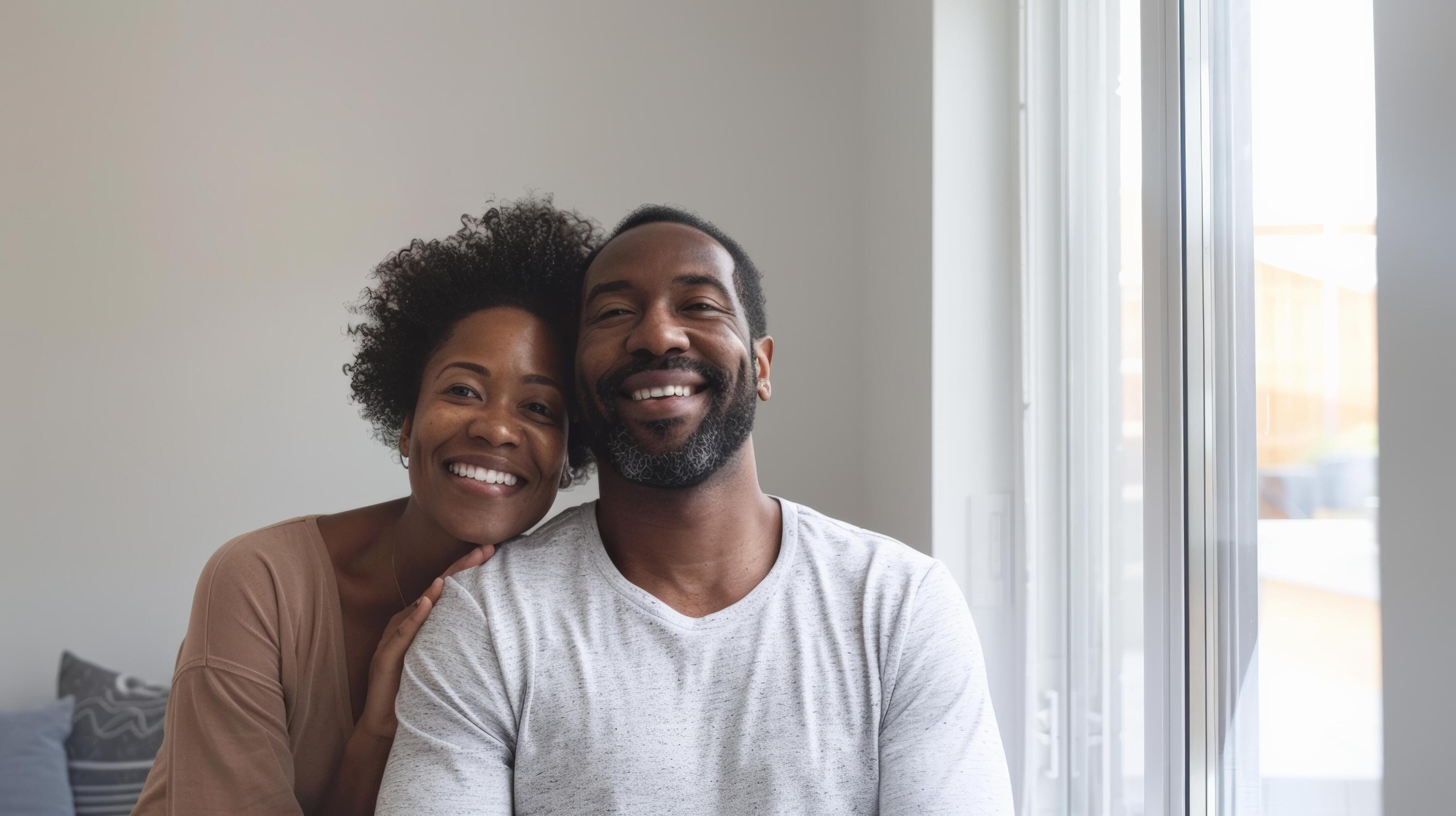 Happy couple poses together in a bright room, embracing and smiling warmly. The scene captures love, warmth, and togetherness. Stock Free