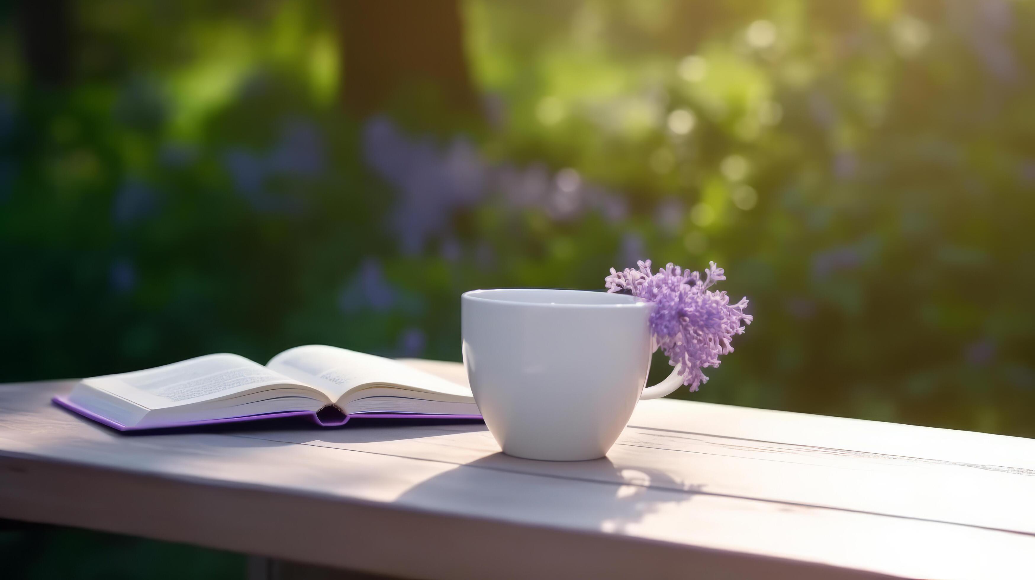 Cup of coffee with book and Lilly flowers. Illustration Stock Free