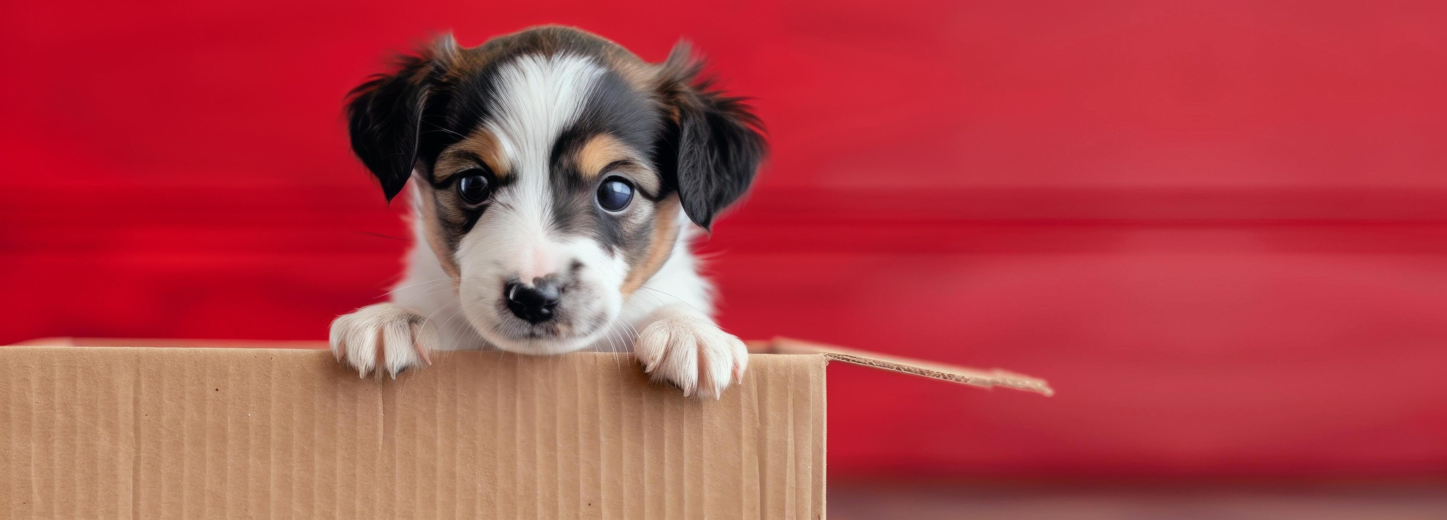 Cute Puppy Inside Cardboard Box Against Red Background Stock Free