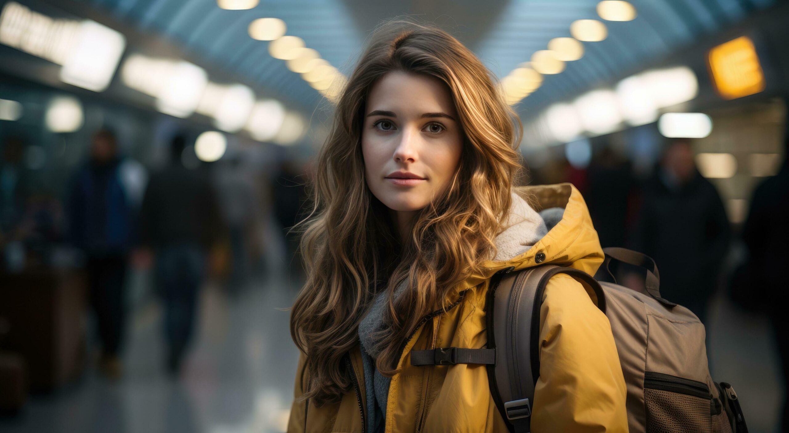 young woman standing with a backpack in an airport Free Photo