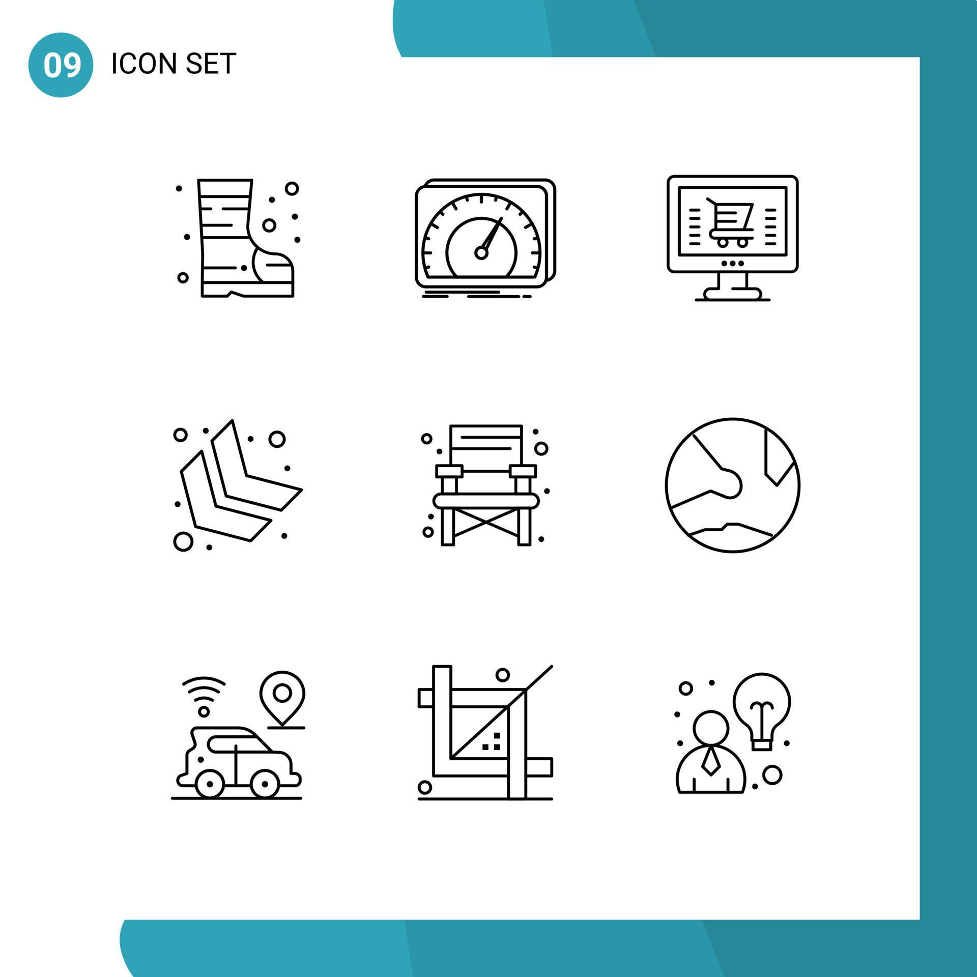 Pack of 9 creative Outlines of travel chair online down left arrow Editable Vector Design Elements Stock Free