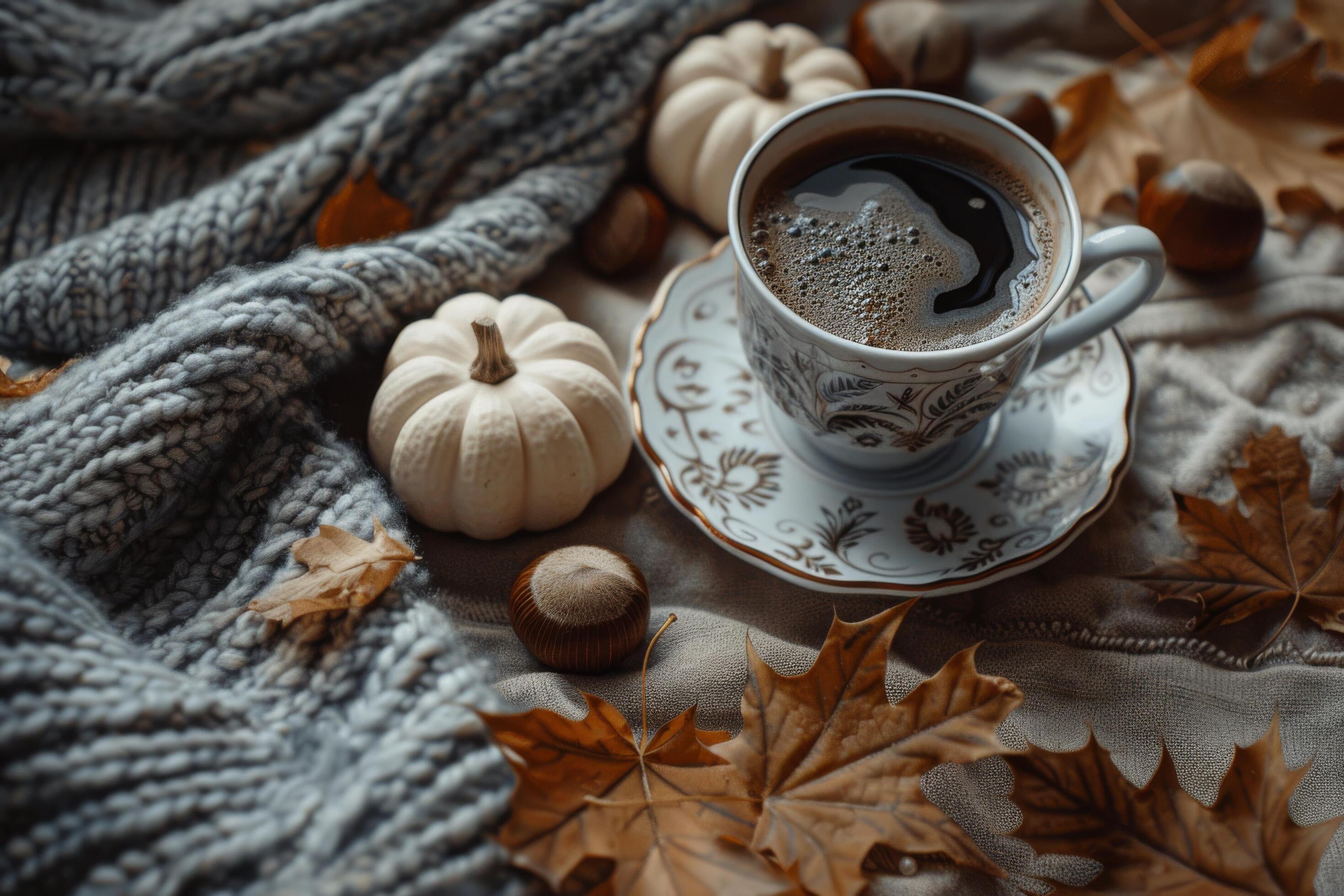 A Cozy Fall Morning With Coffee, Pumpkins, and Leaves Stock Free