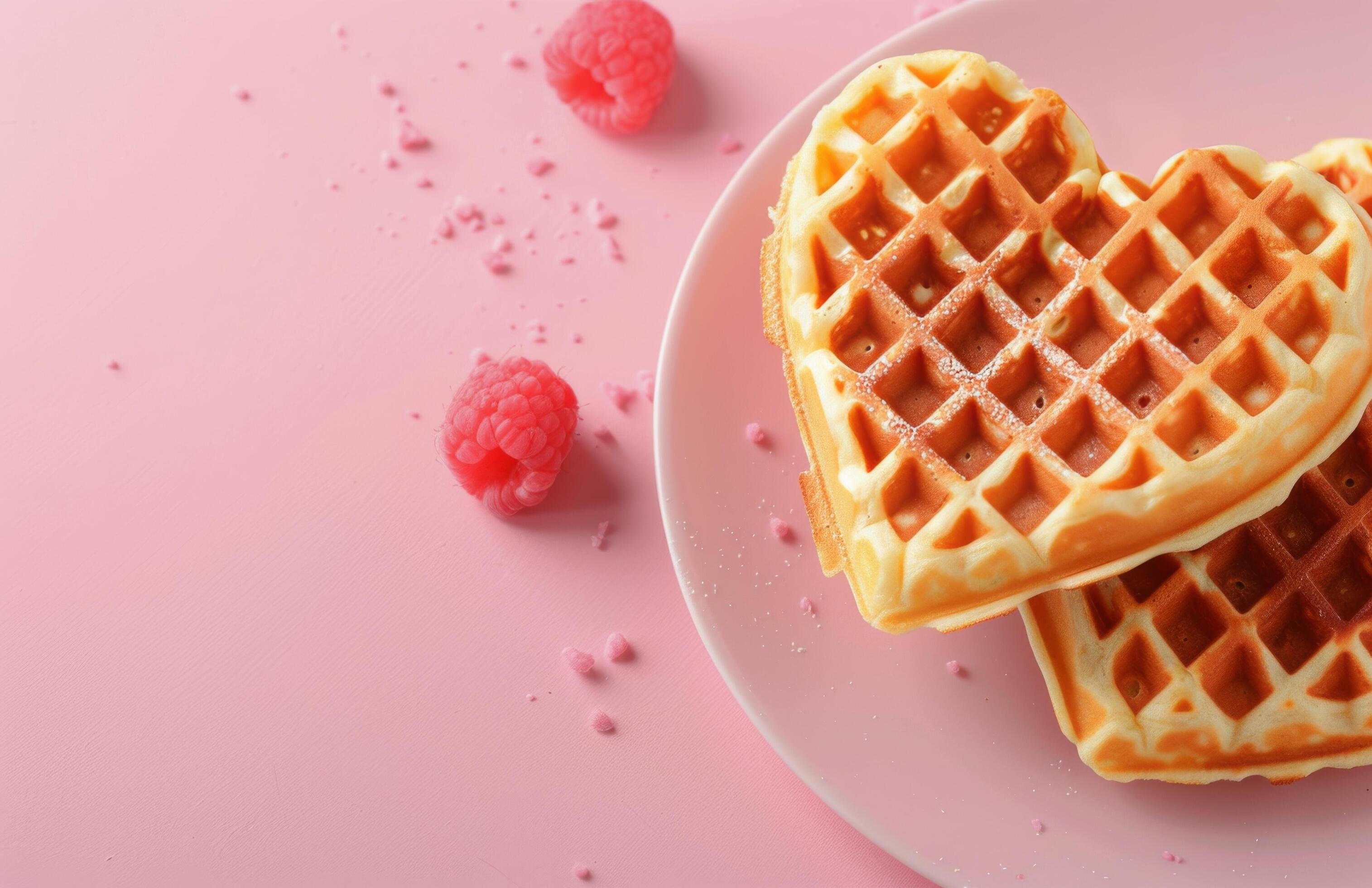 Heart-Shaped Waffles With Raspberries on Pink Background Stock Free