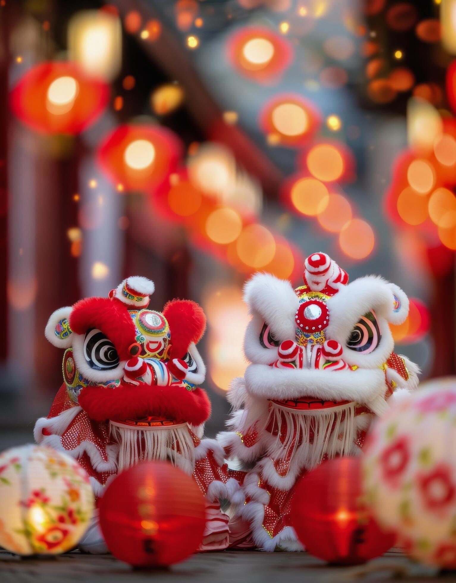 Traditional Lion Dance Performance During Lunar New Year Celebrations in Chinatown Stock Free