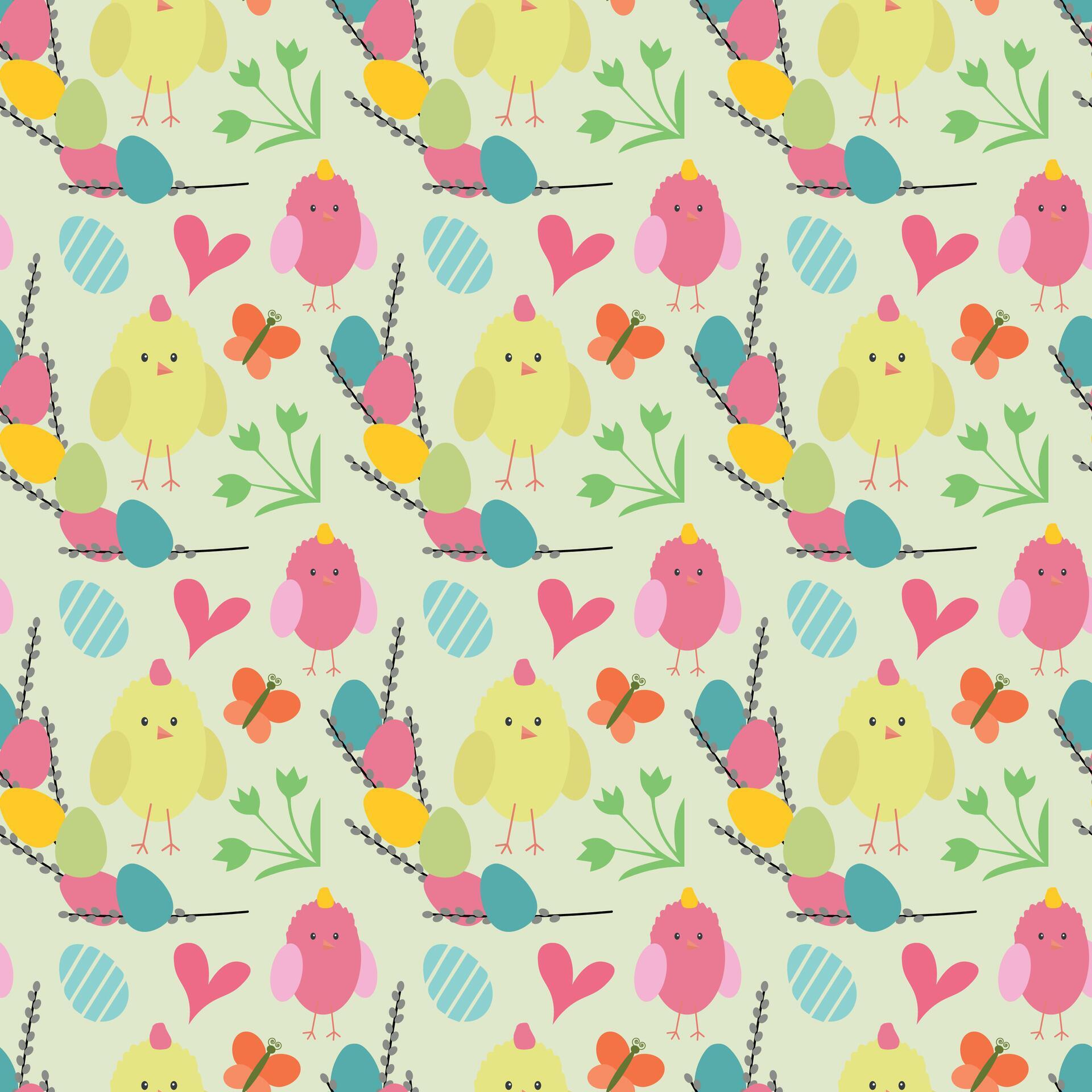 Easter seamless pattern with vector icons of eggs, chickens, flowers and bunnies Stock Free