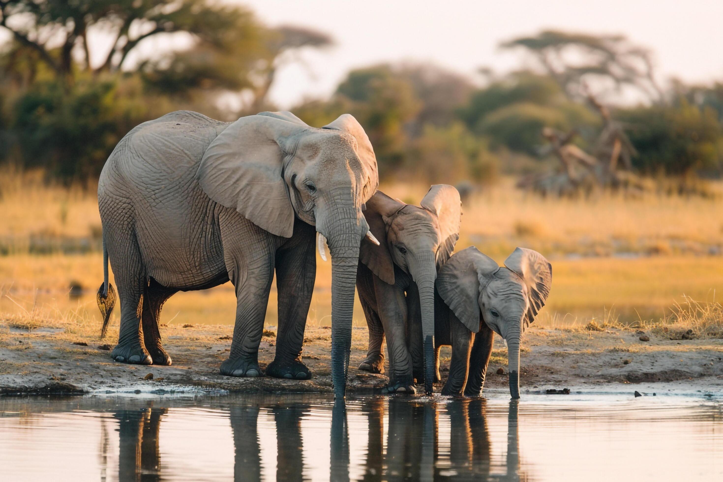 Family of Elephants Drinking at a Watering Hole Nature Background Stock Free