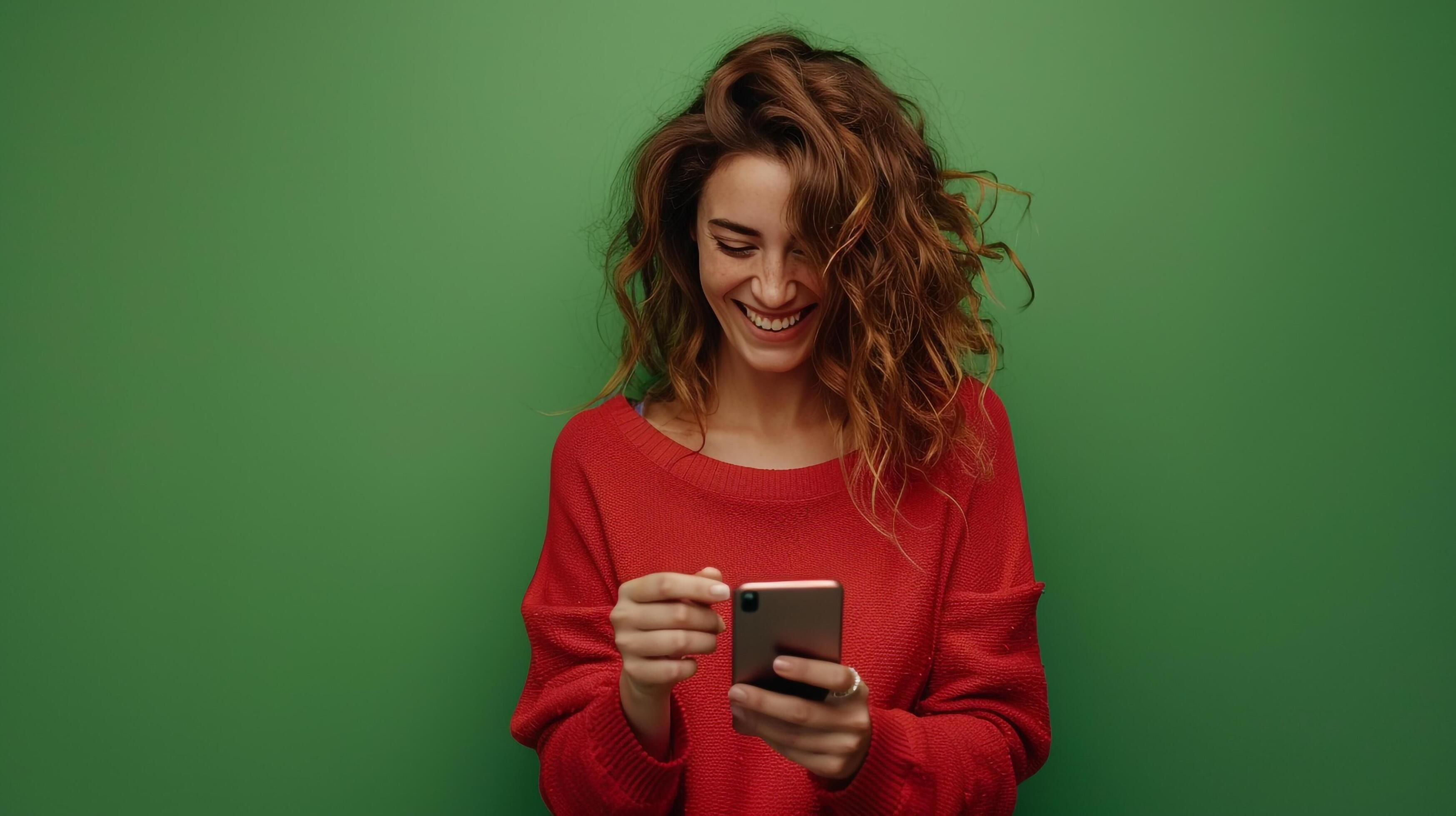 Woman in red sweater using phone Stock Free