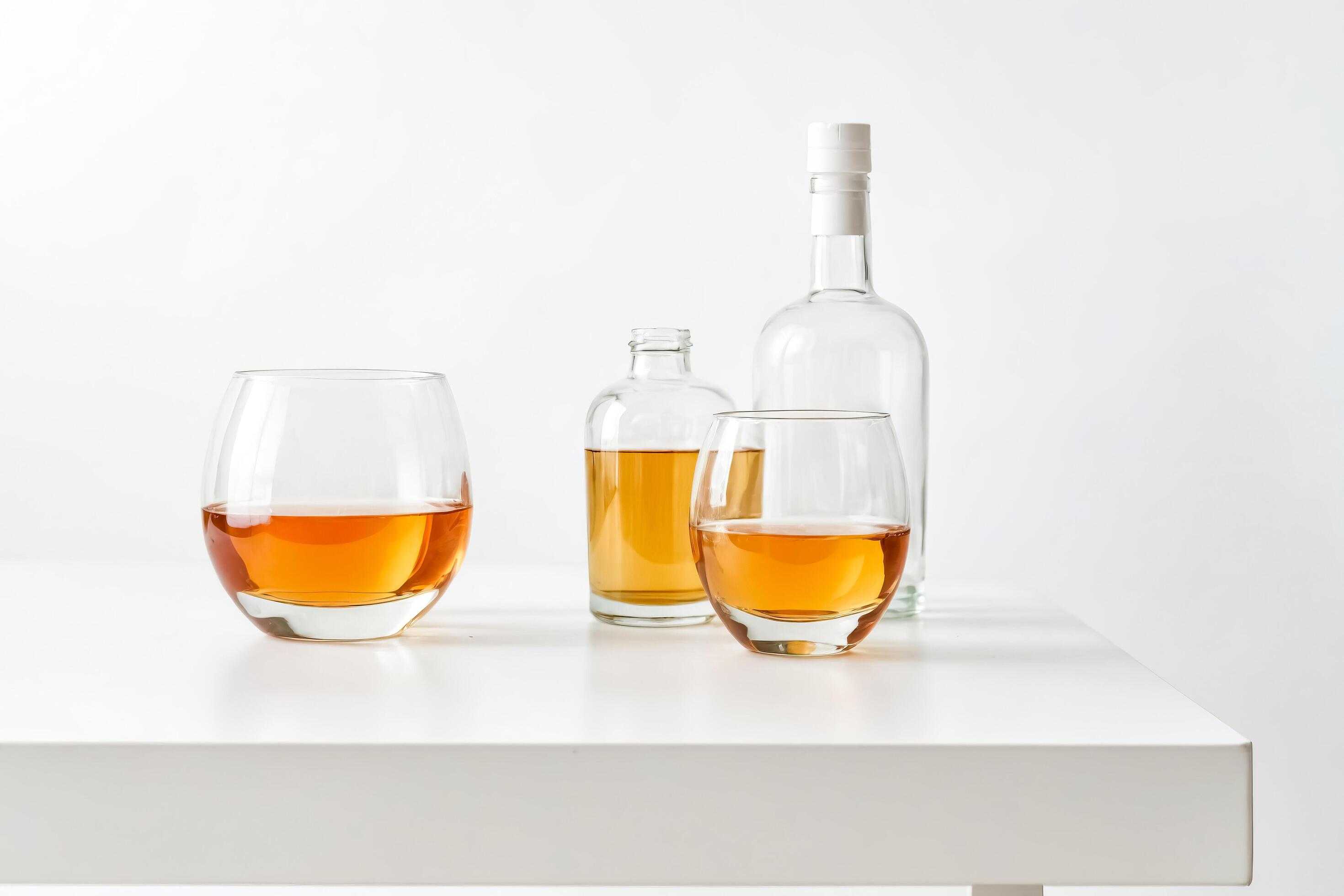 Two glasses of whiskey on a white table with bottles in the background Stock Free