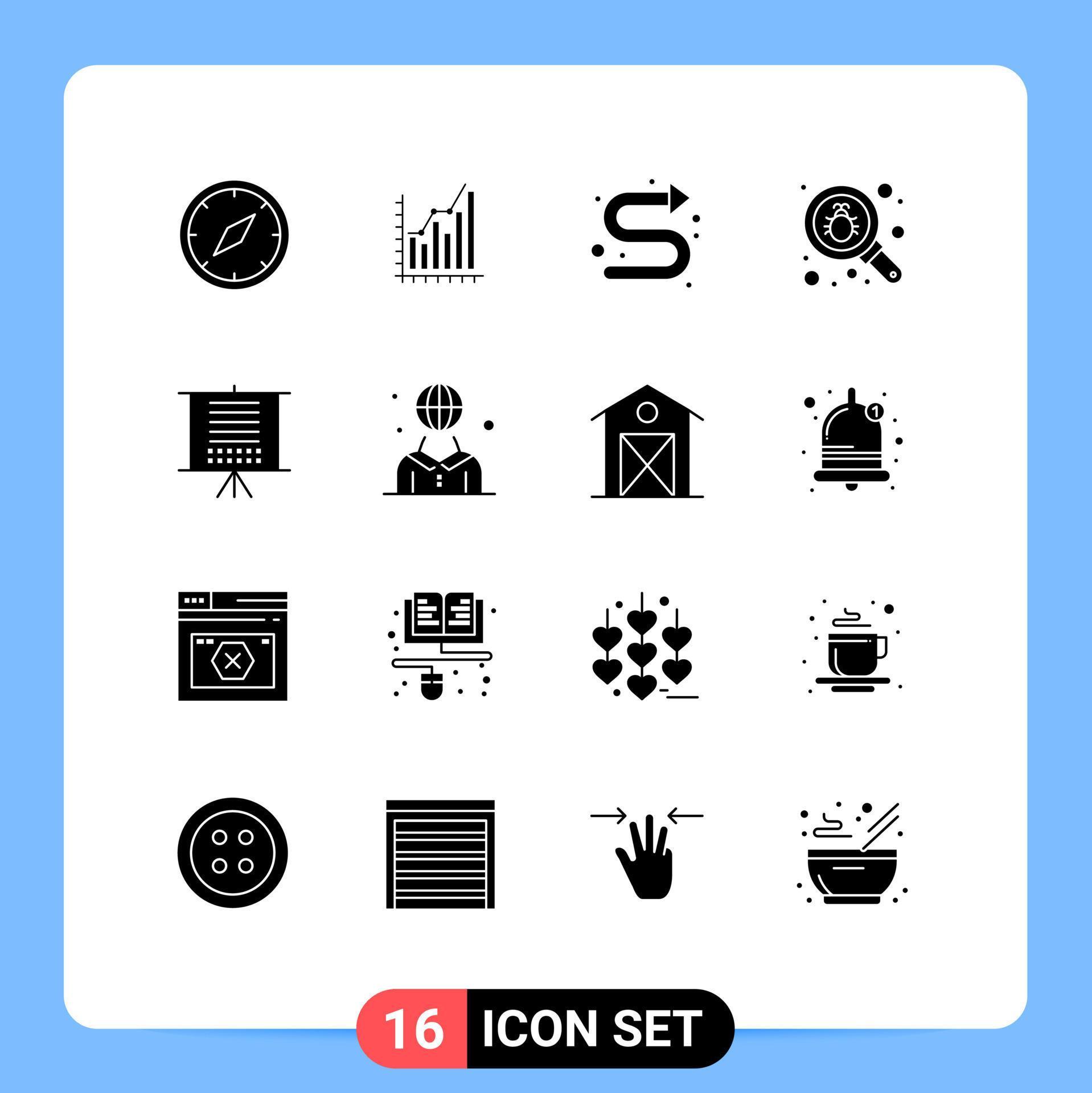 Set of 16 Commercial Solid Glyphs pack for find left diagram indicator arrows Editable Vector Design Elements Stock Free