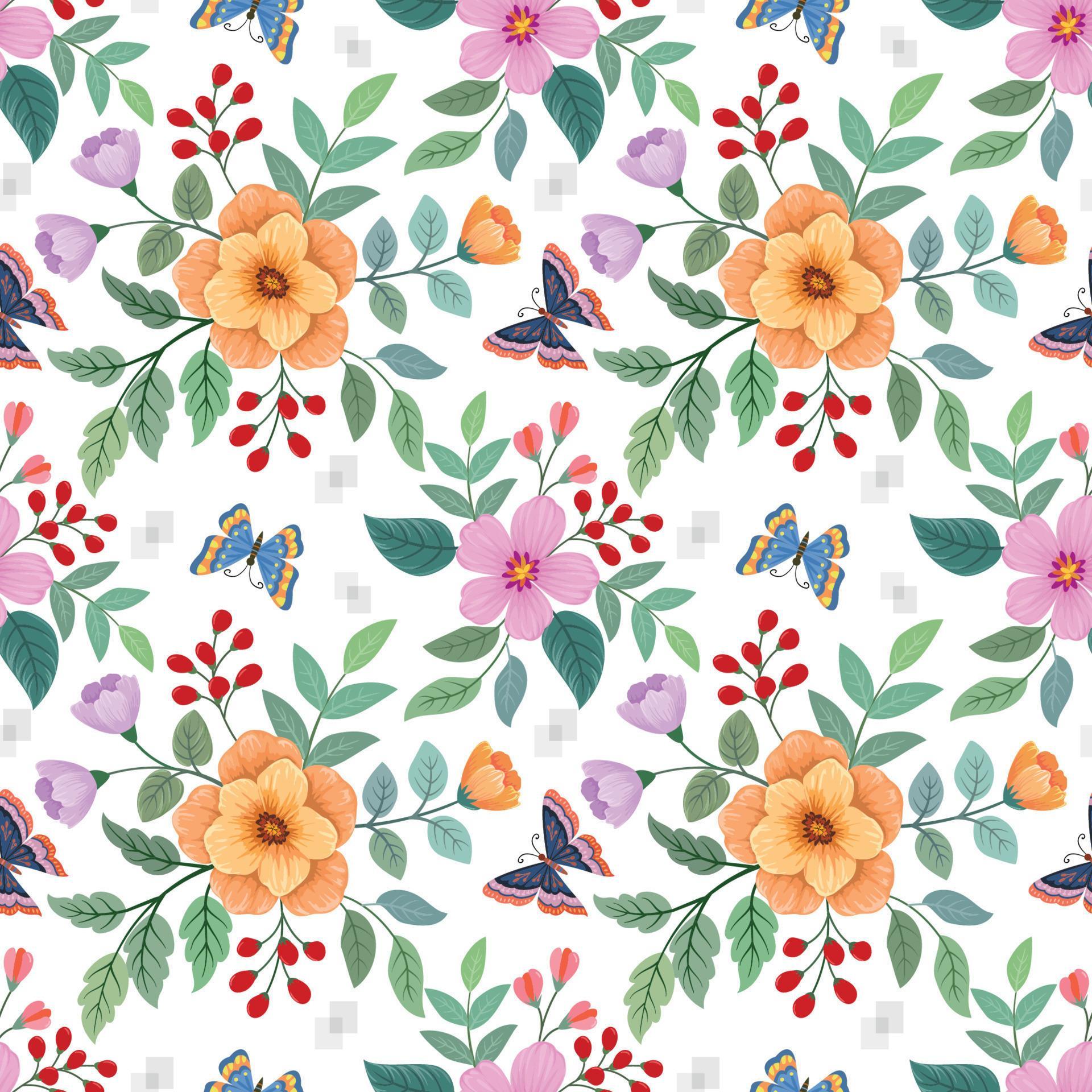 beautiful flowers and green leaf with butterfly seamless pattern. Stock Free