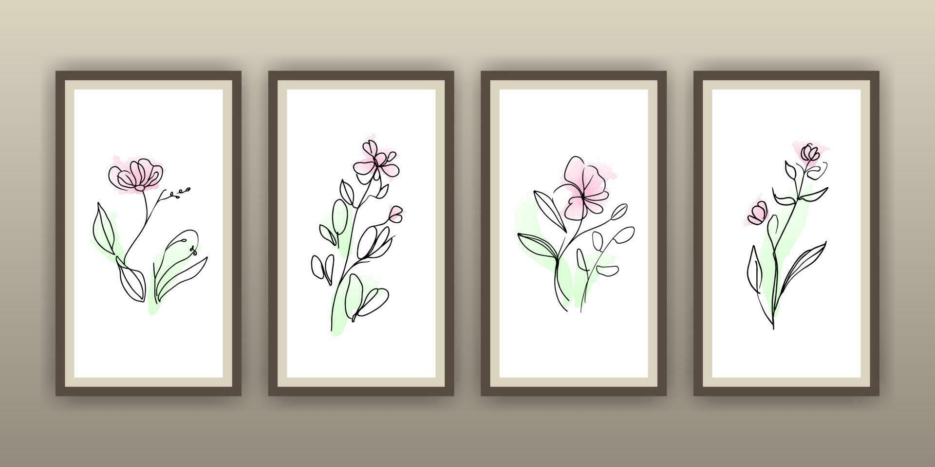 A set of framed line art prints with flowers Stock Free