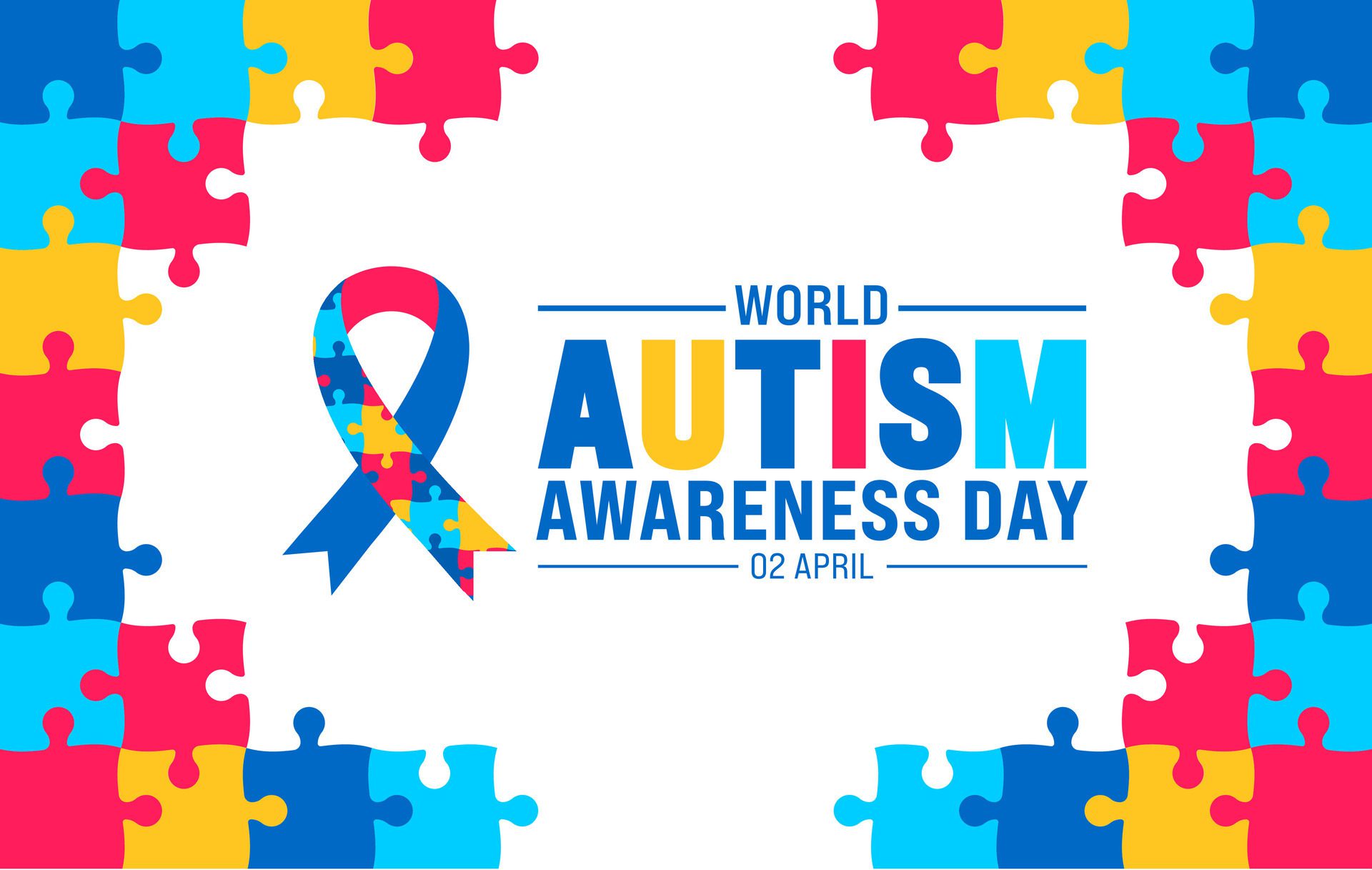 2 April world Autism Awareness Day colorful Puzzle icon with puzzle Awareness Ribbon banner or background design template. Free Vector