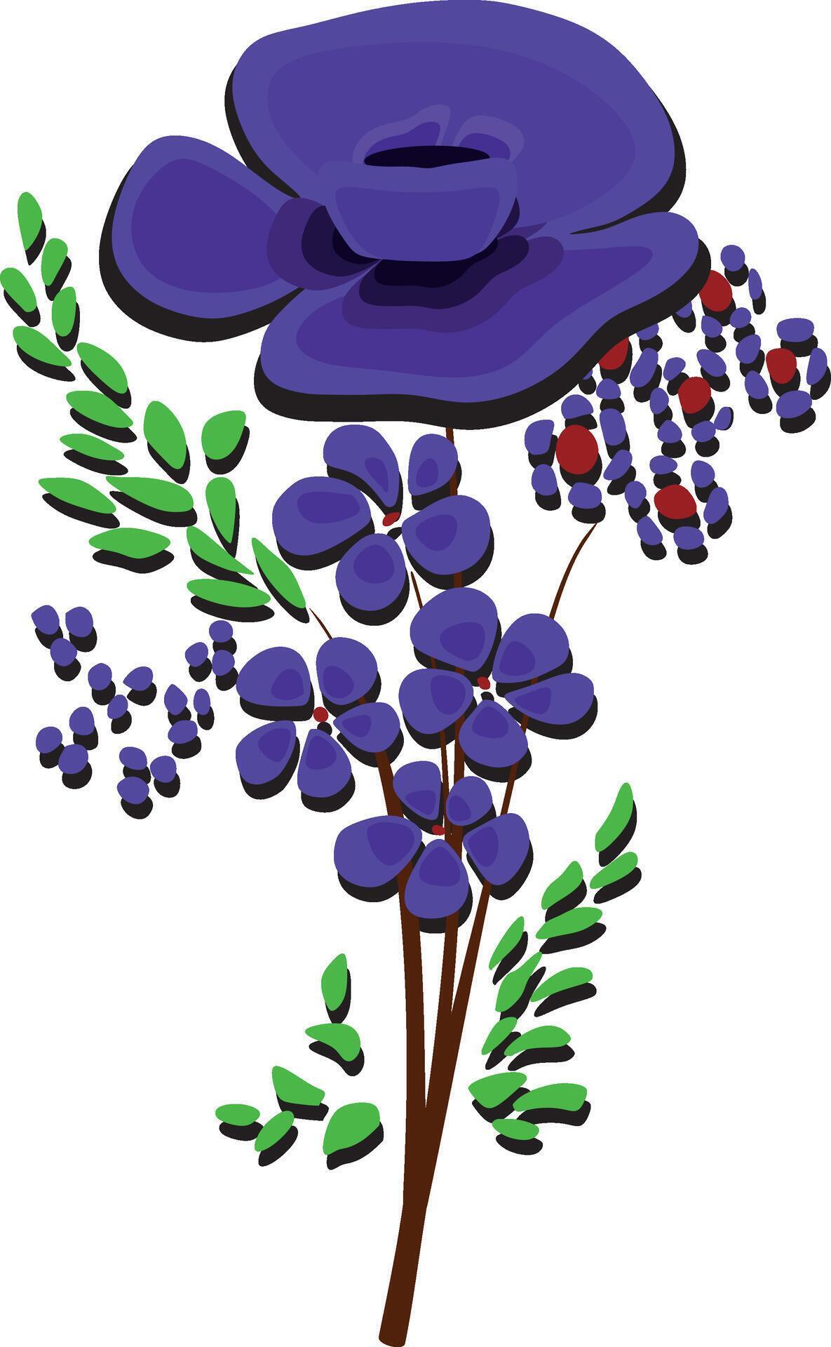 a drawing of a purple flower with green leaves and purple flowers. Stock Free