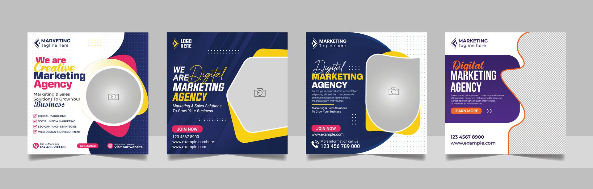 Digital Marketing Agency Online Webinar Social Media Post Set, Corporate Business Promotion Web Banner, Square Flyer Design Template Free Vector