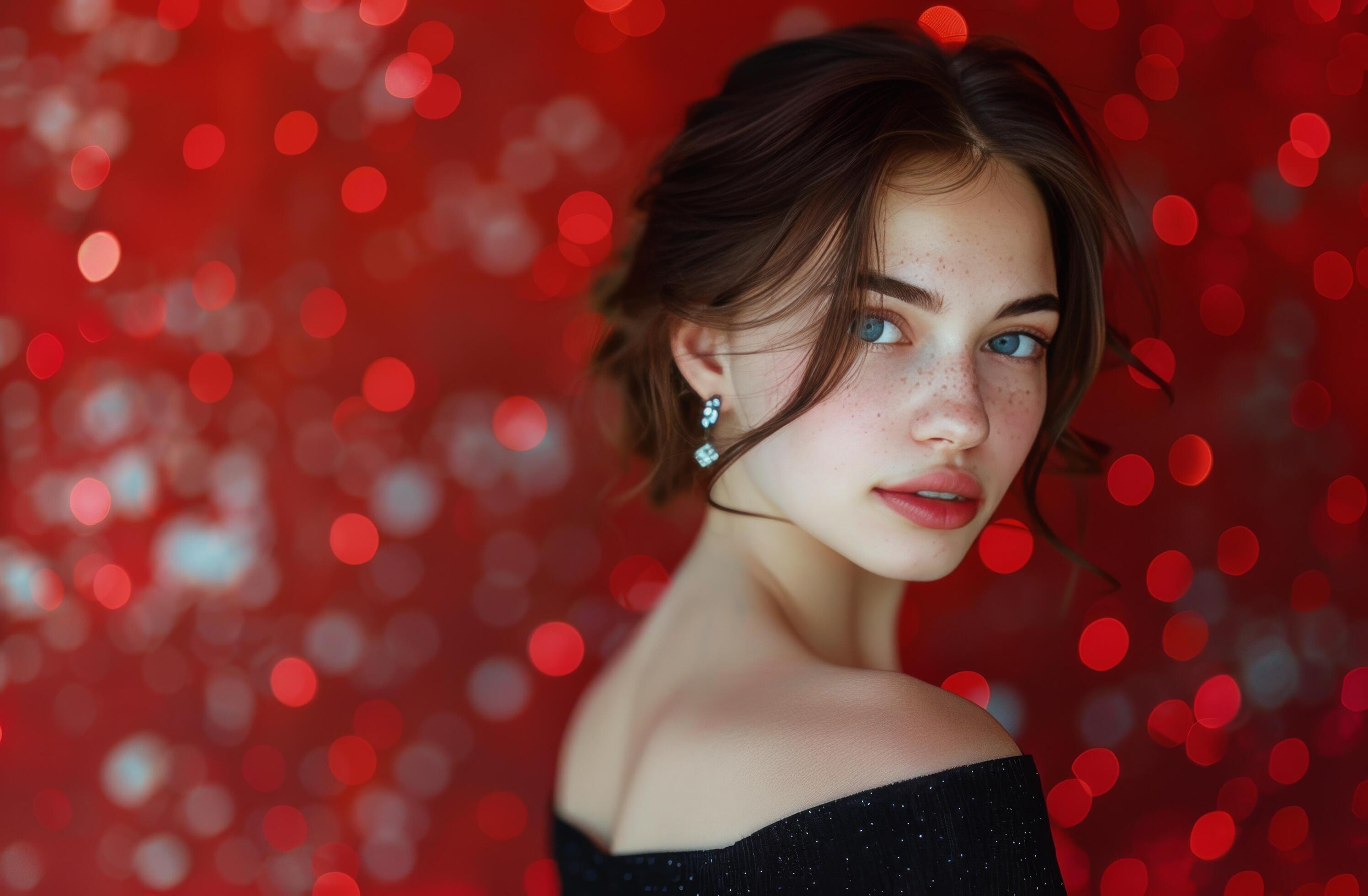 Young Woman With Blue Eyes Looking Over Shoulder Against Red Bokeh Background Stock Free