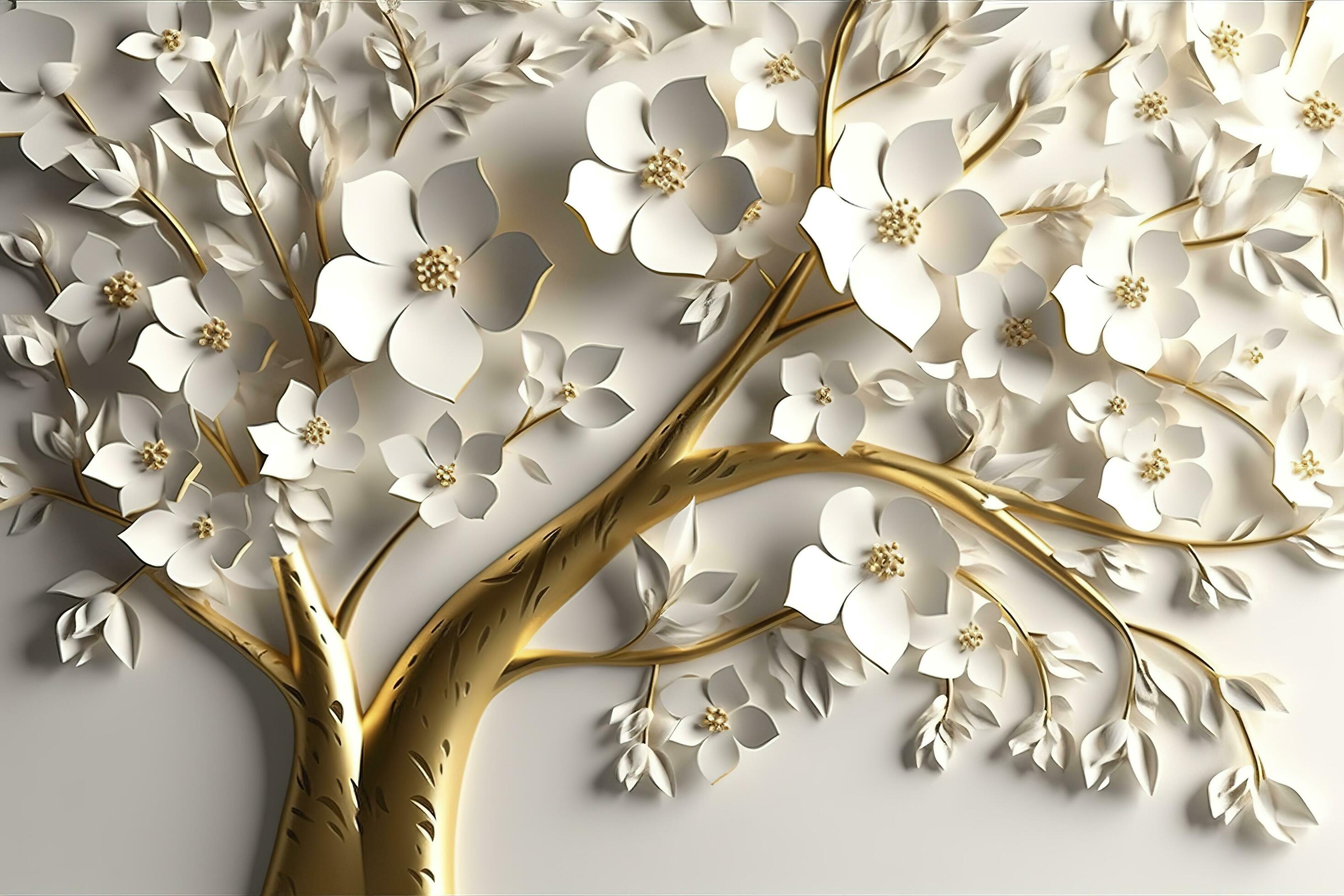 3d wallpaper floral tree background with white flower leaves and golden stem. interior wall home decor, generate ai Stock Free