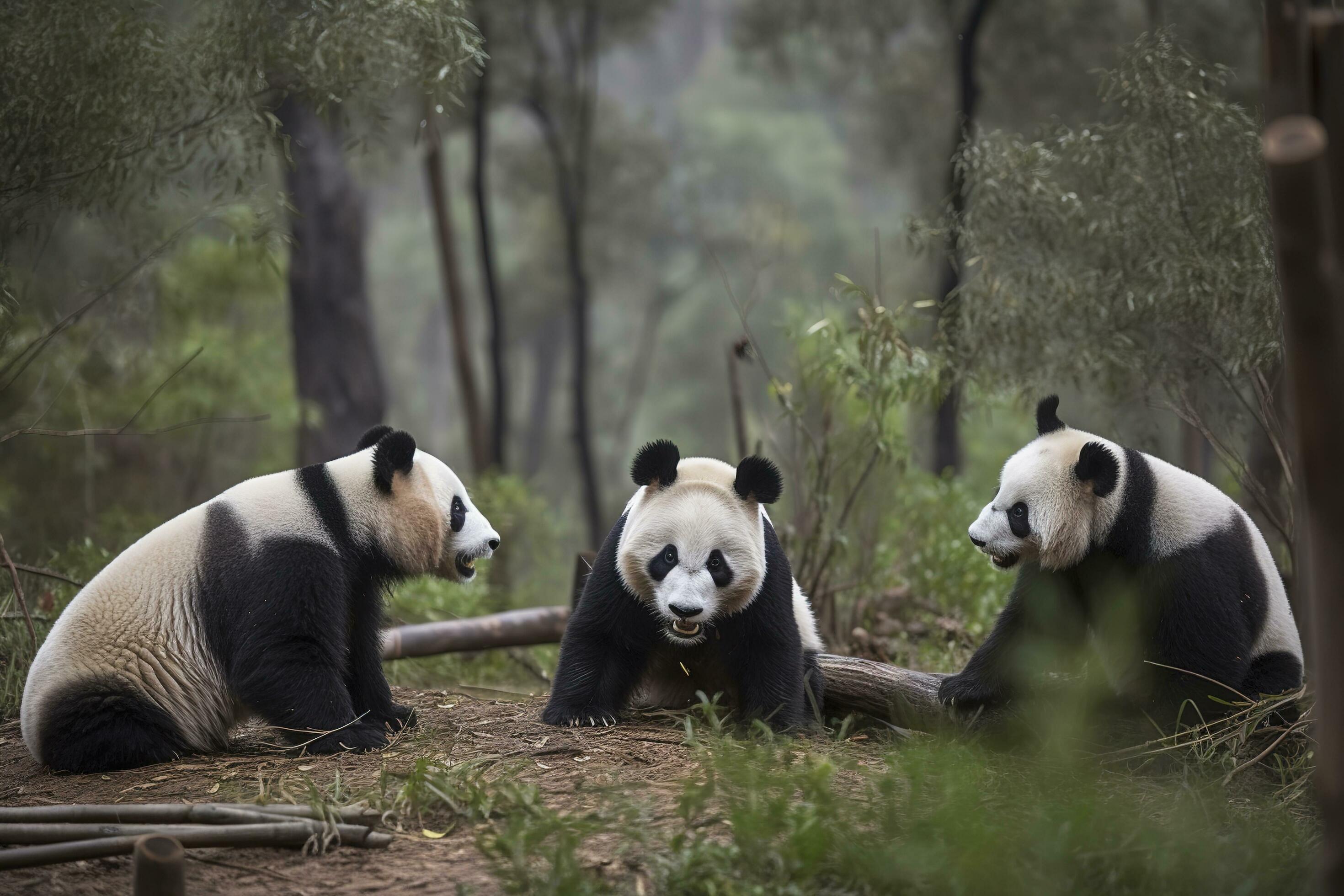 A family of pandas playing in a bamboo forest, generate ai Stock Free