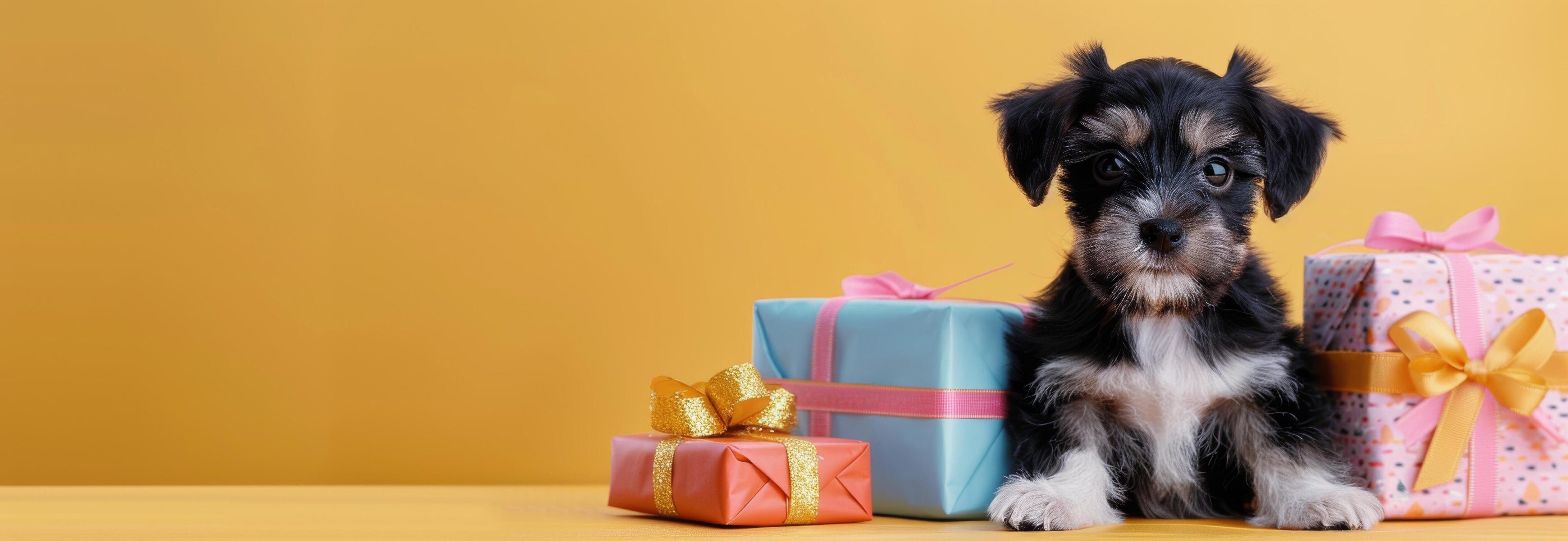 Adorable Puppy Surrounded by Colorful Gift Boxes on Bright Yellow Background Stock Free