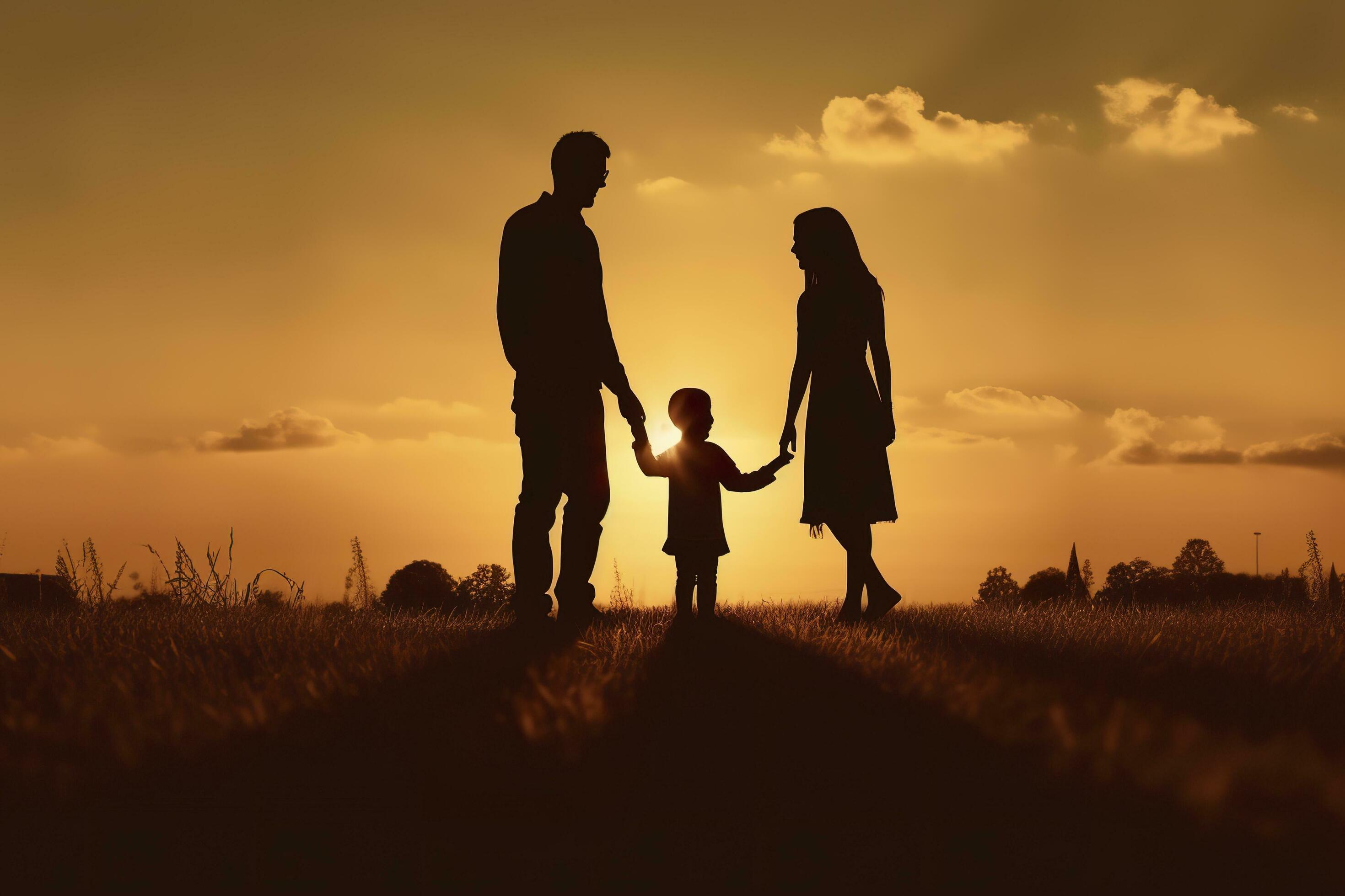 Shadow of Happy family together, parents with their little baby at sunset. A Silhouette of Love and Unity. AI Generative Stock Free