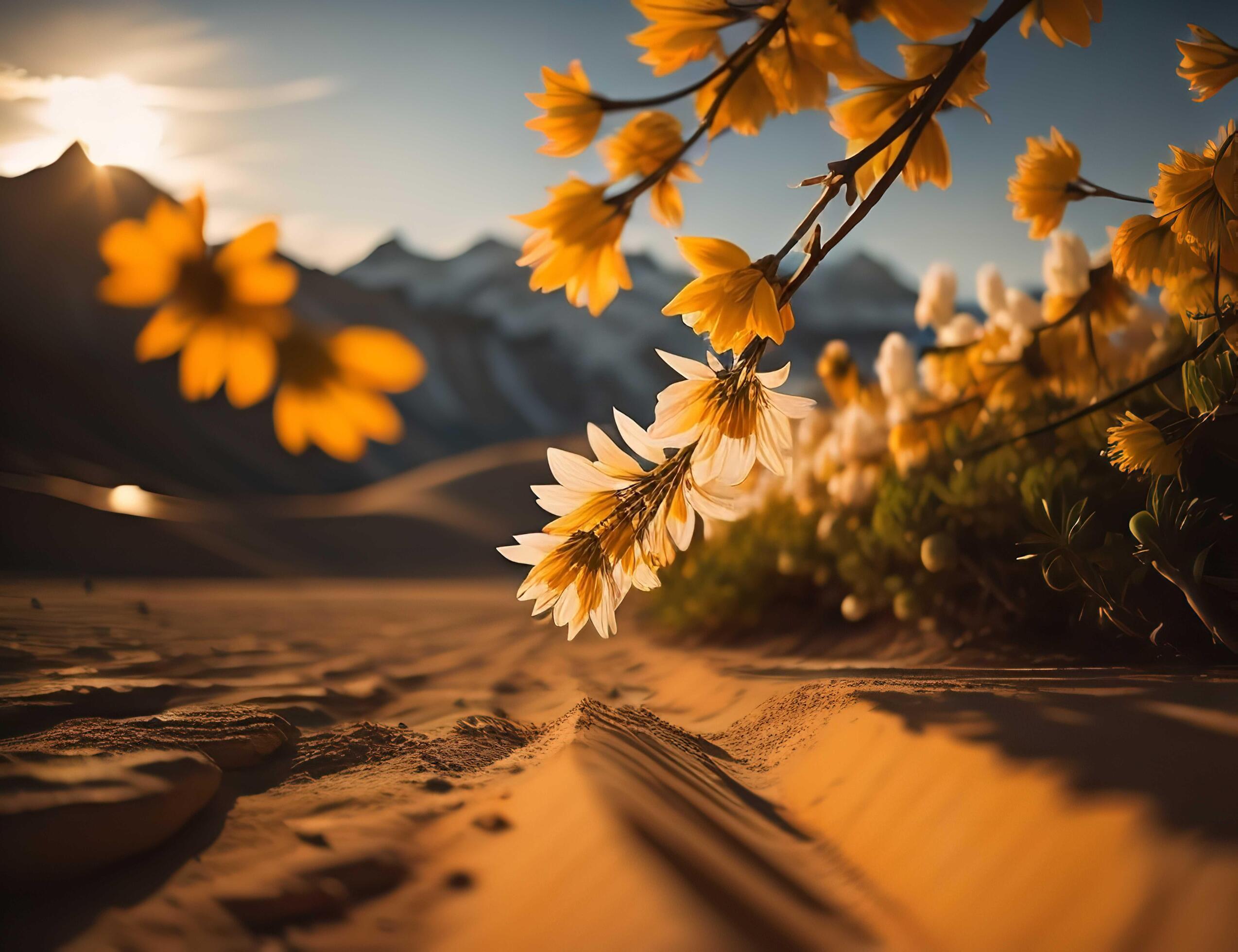 Sunset in the desert with yellow flowers on the sand dunes. Stock Free