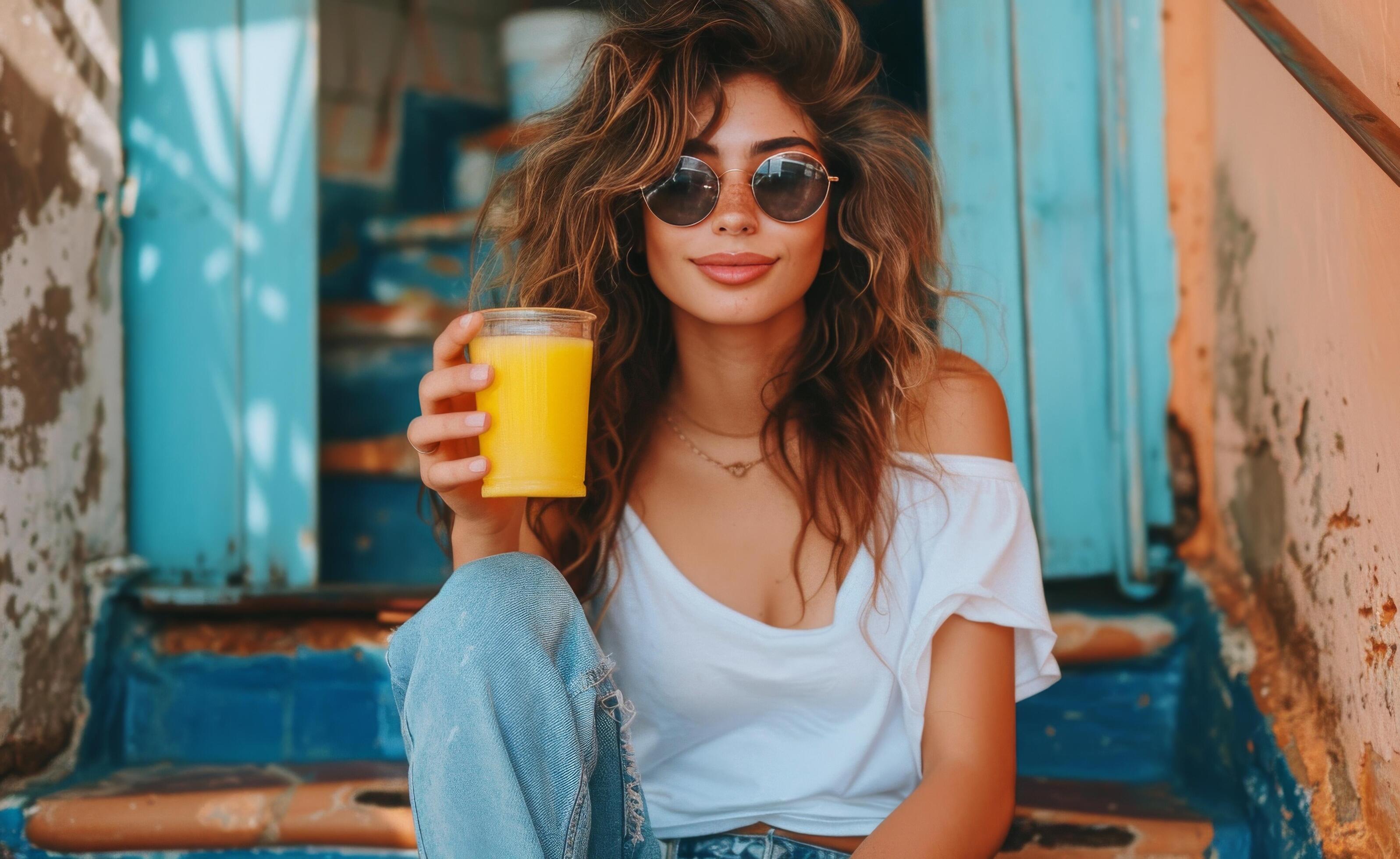 Woman Drinking Orange Juice on Steps in Front of Blue and Yellow Doors Stock Free