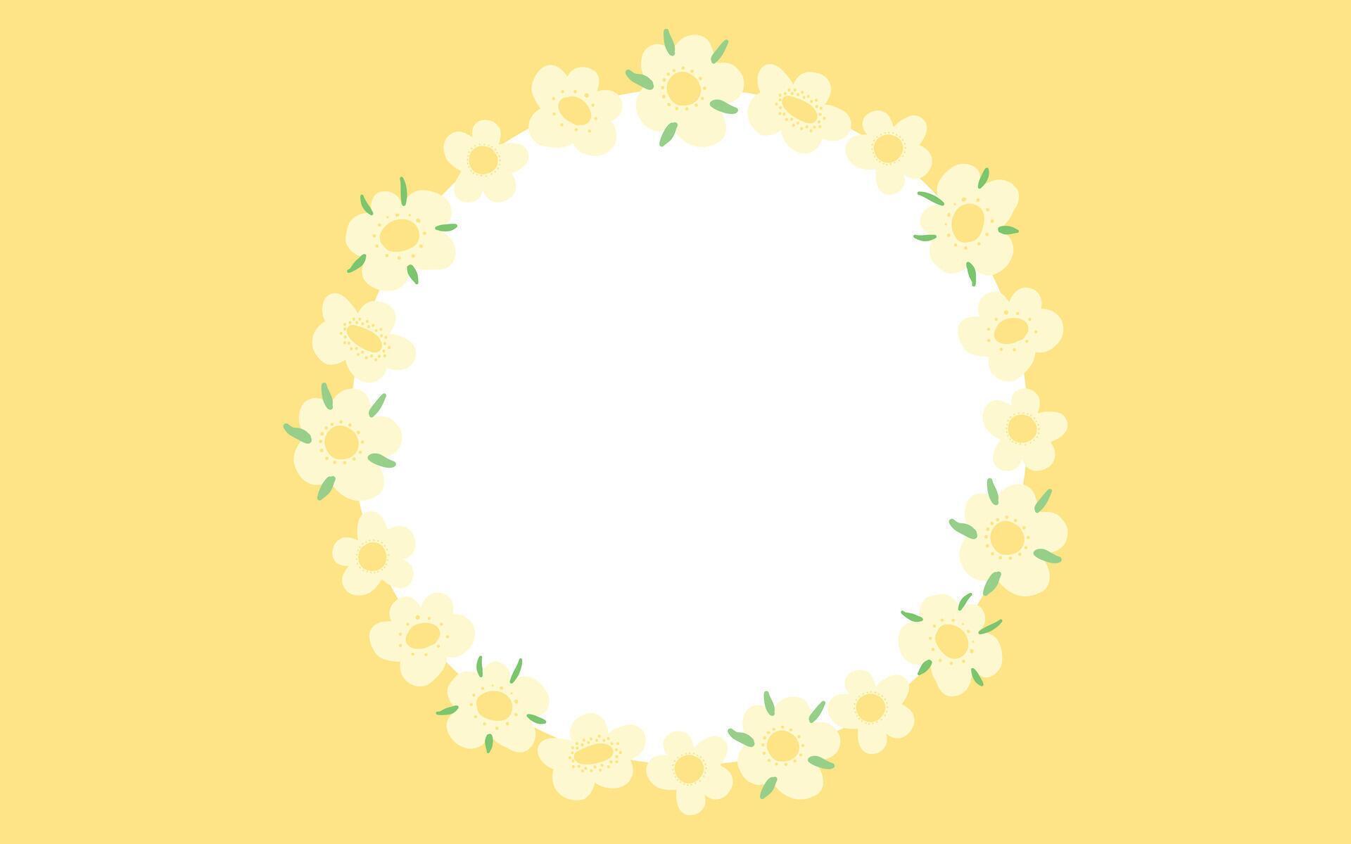 Circular floral frame with white flowers on a sunny yellow background, ideal for spring-themed designs, invitations, and greeting cards. Stock Free