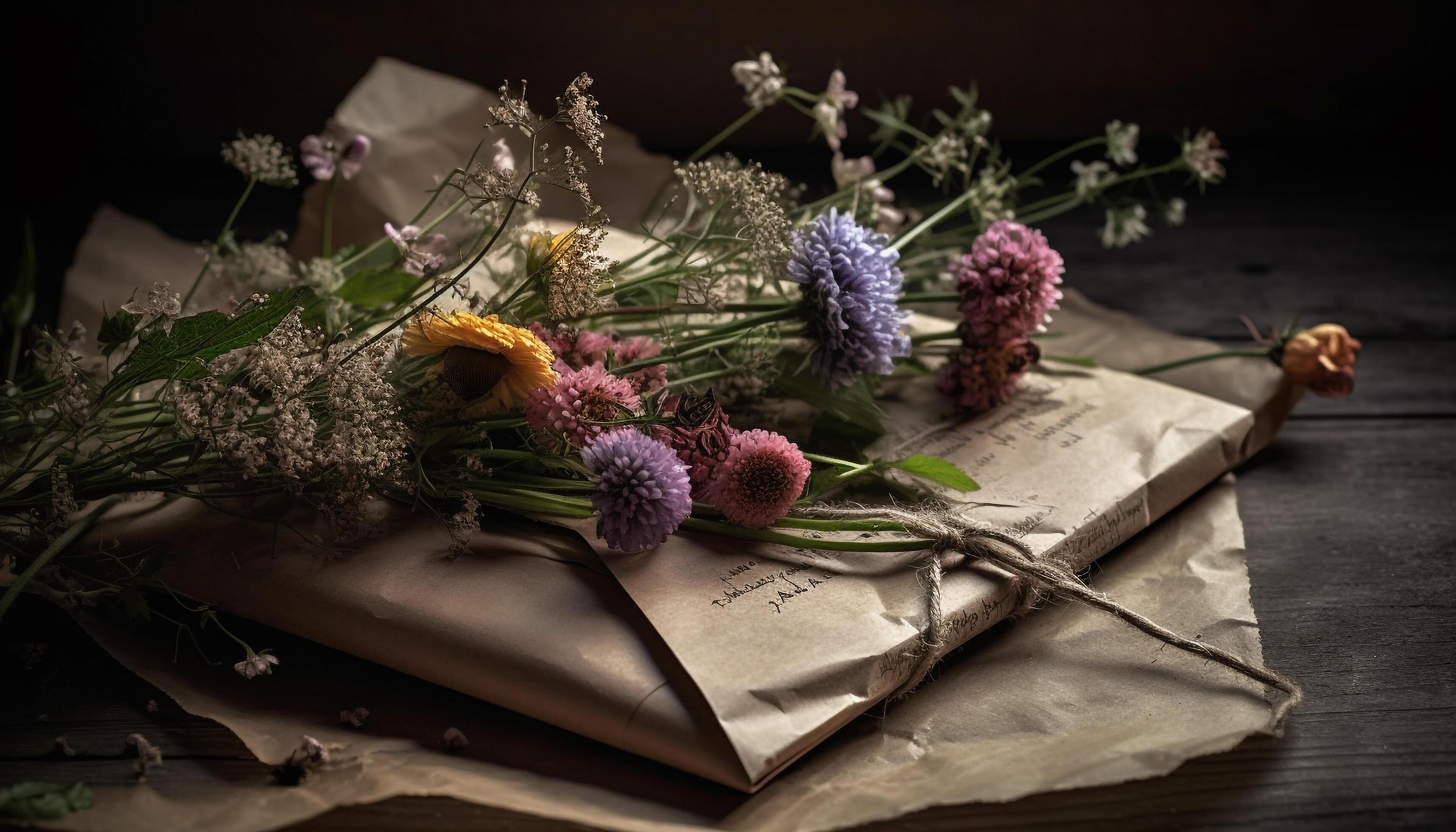 Fresh bouquet of purple flowers on rustic wooden table generated by AI Stock Free