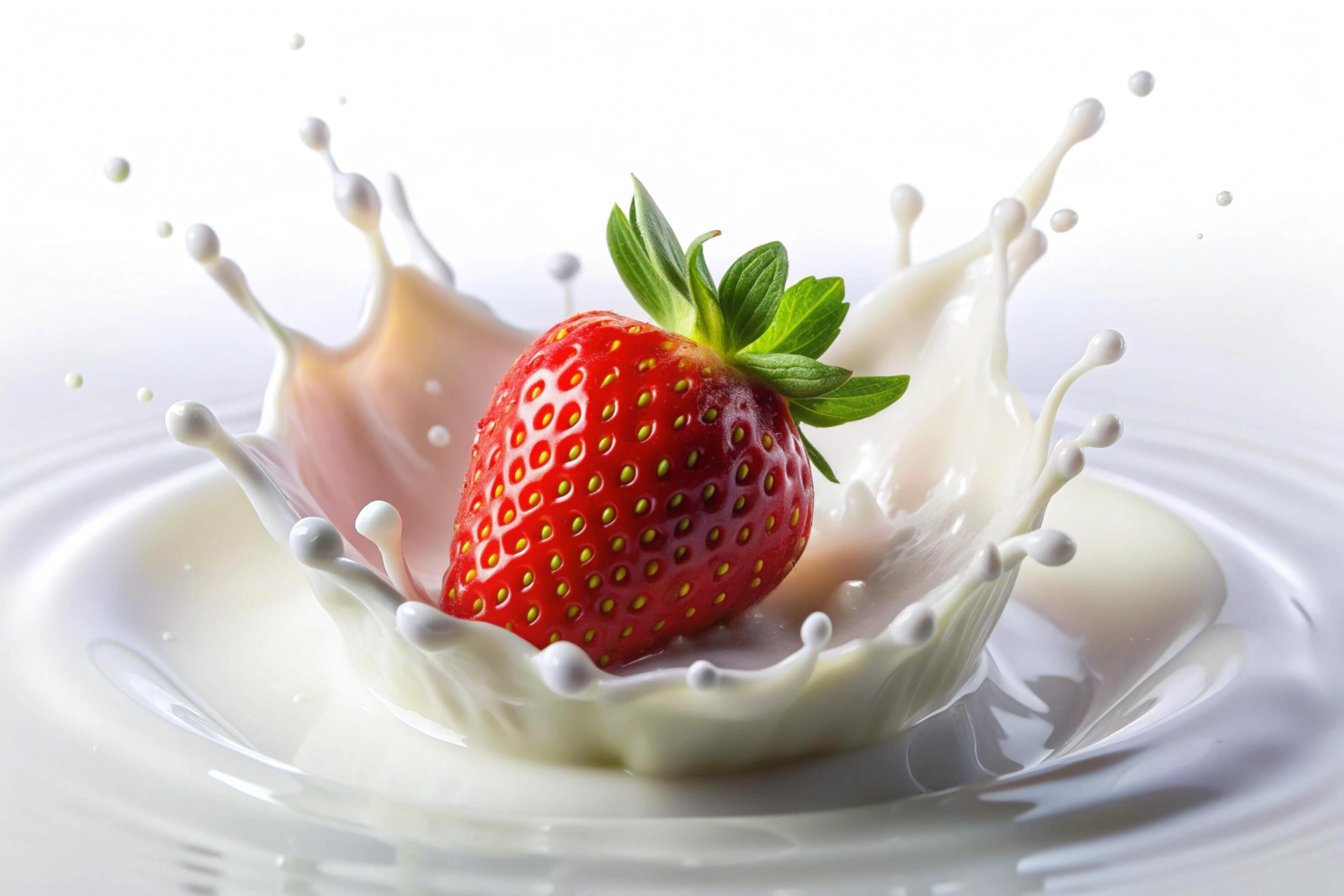 Milk splashes with strawberry on white background Stock Free