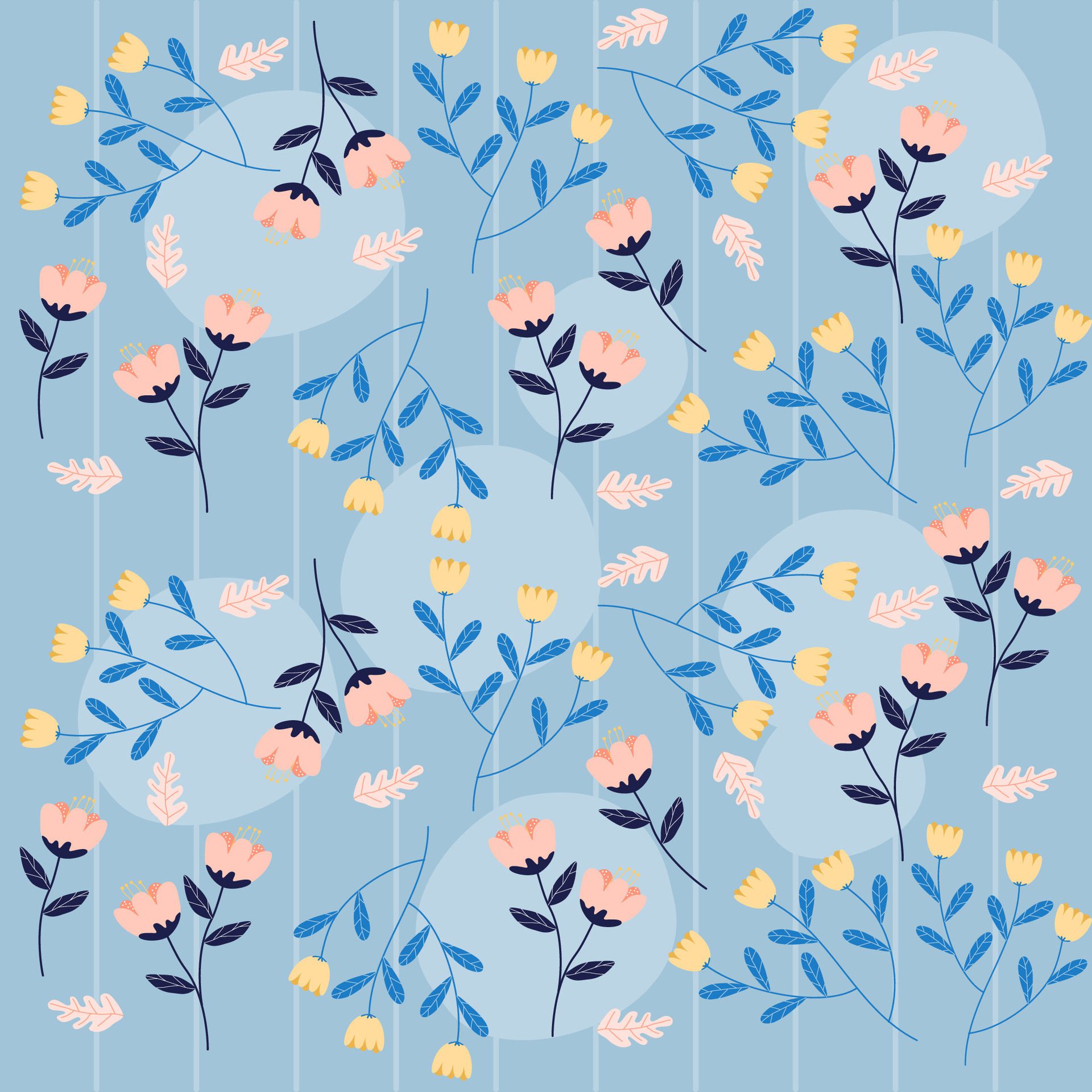 Hand drawn pastel flowers pattern on blue background for fabric, textile, wrapping paper, surface pattern Free Vector