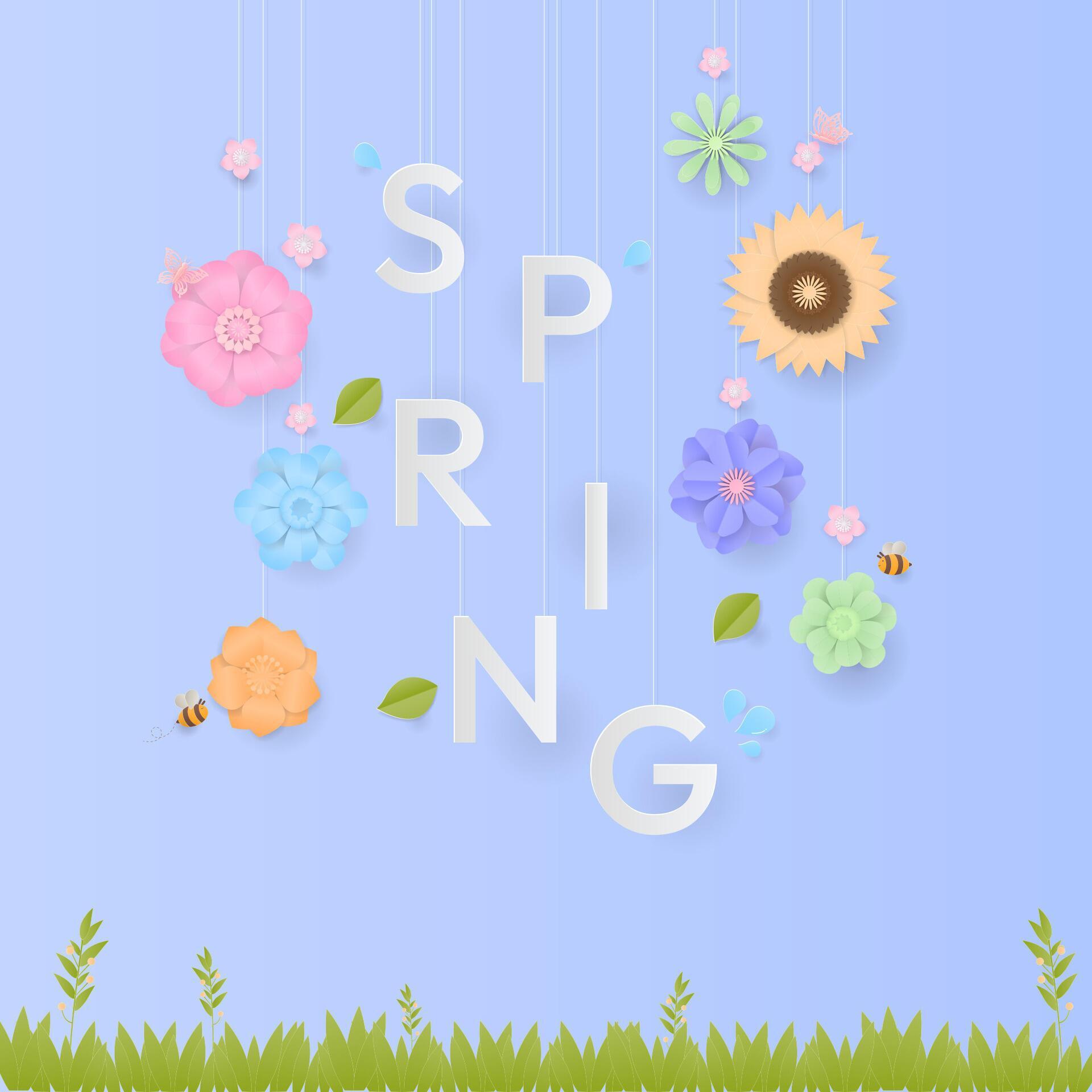 Spring text with colorful flower and grass Stock Free